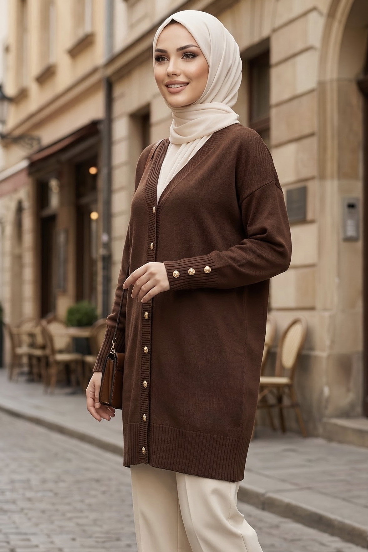 Fitilli Düğmeli Triko Hırka Kahve - 29237-KAHVE - 2