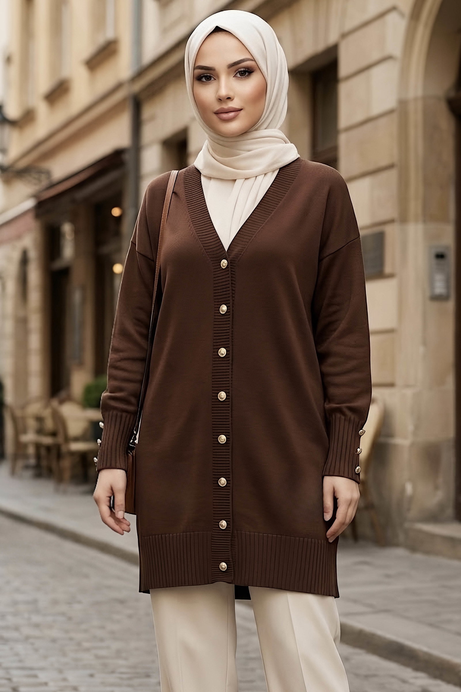 Fitilli Düğmeli Triko Hırka Kahve - 29237-KAHVE - 1