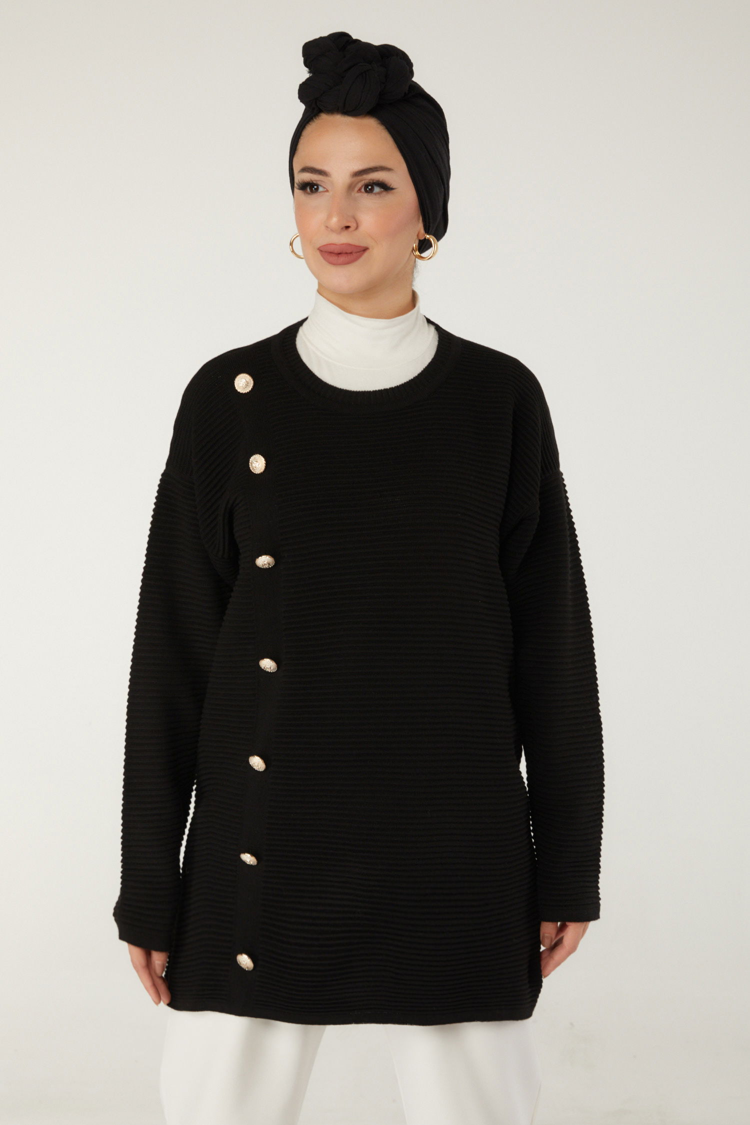Fitilli Düğmeli Triko Kazak - 27636 - 2