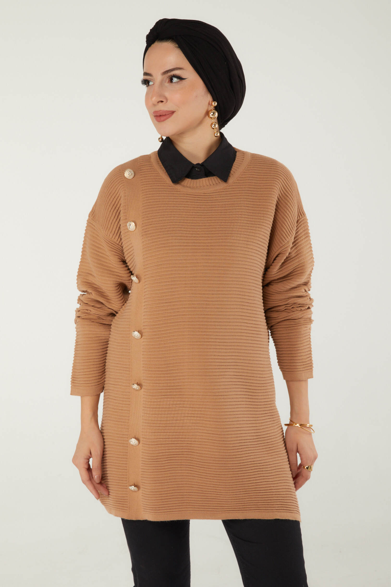 Fitilli Düğmeli Triko Kazak - 27636 - 3
