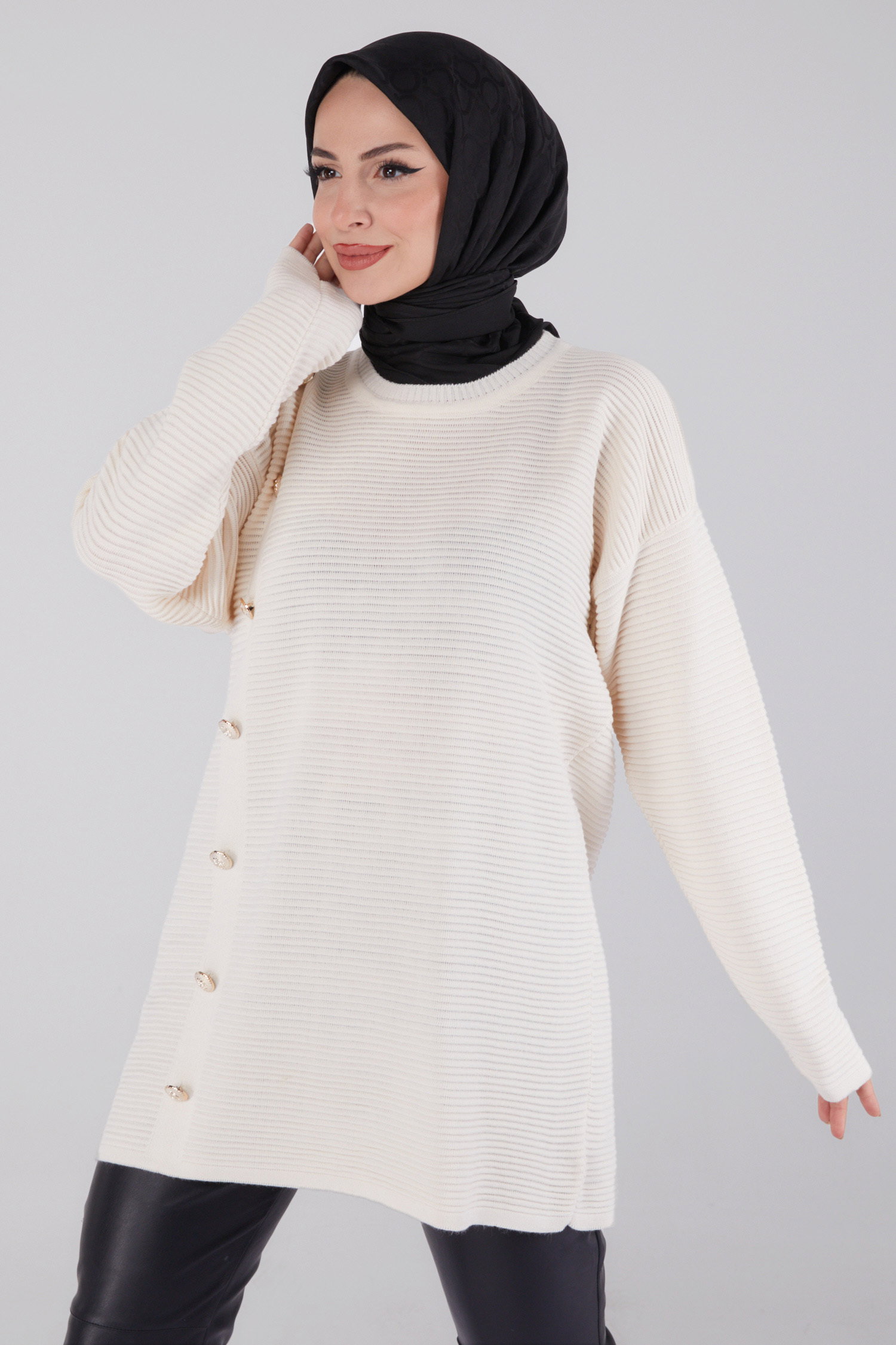 Fitilli Düğmeli Triko Kazak - 27636 - 2