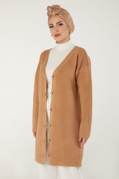 Fitilli Düğmeli Uzun Triko Hırka - 27639 