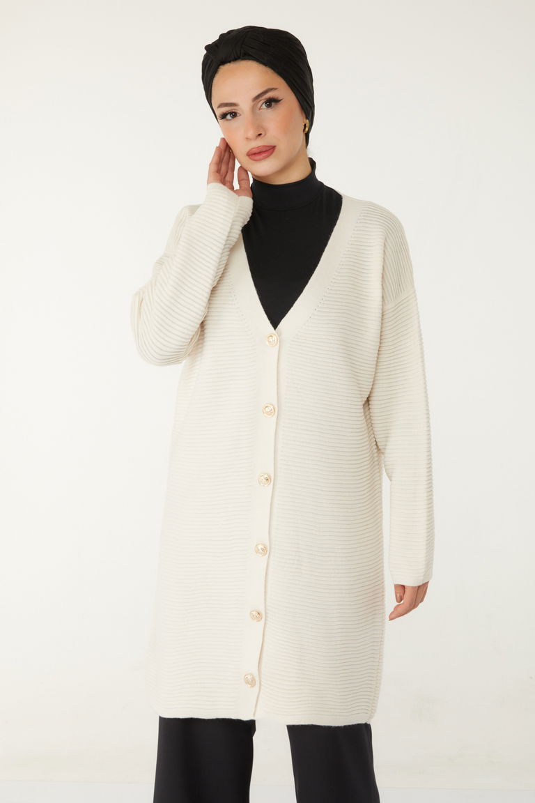 Fitilli Düğmeli Uzun Triko Hırka - 27639 - TOFİSA