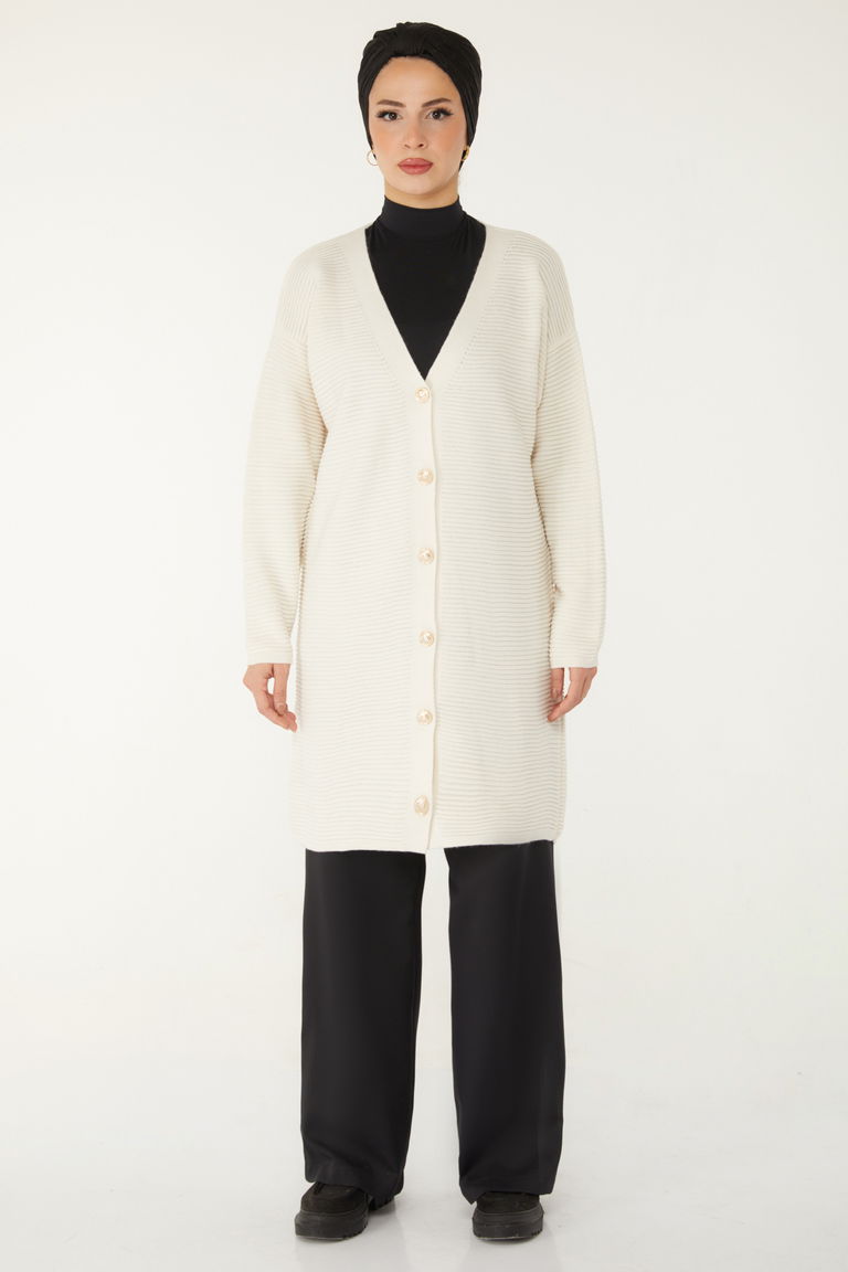 Fitilli Düğmeli Uzun Triko Hırka - 27639 - TOFİSA