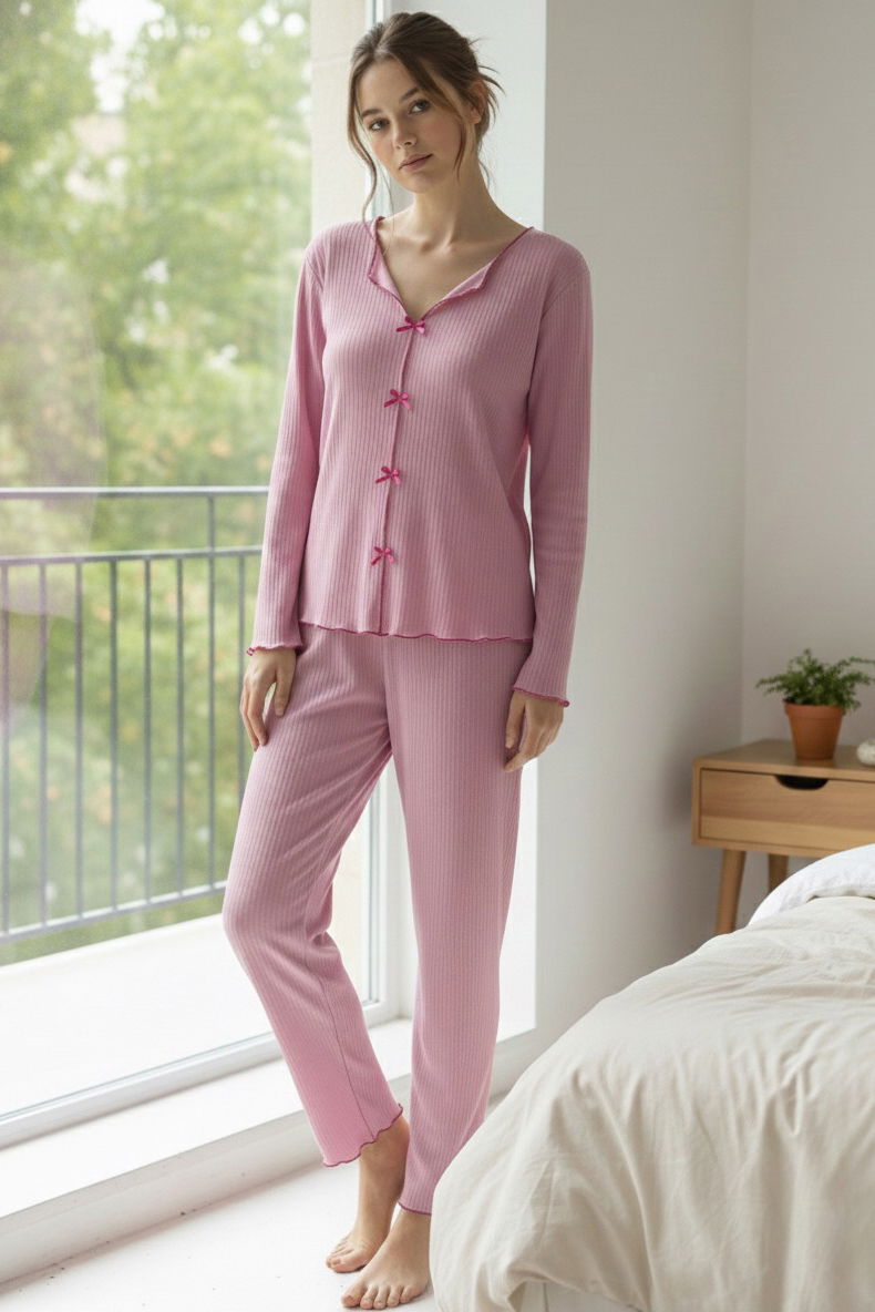 Fitilli Pijama Takımı - 28069-GUL-KURUSU - 1