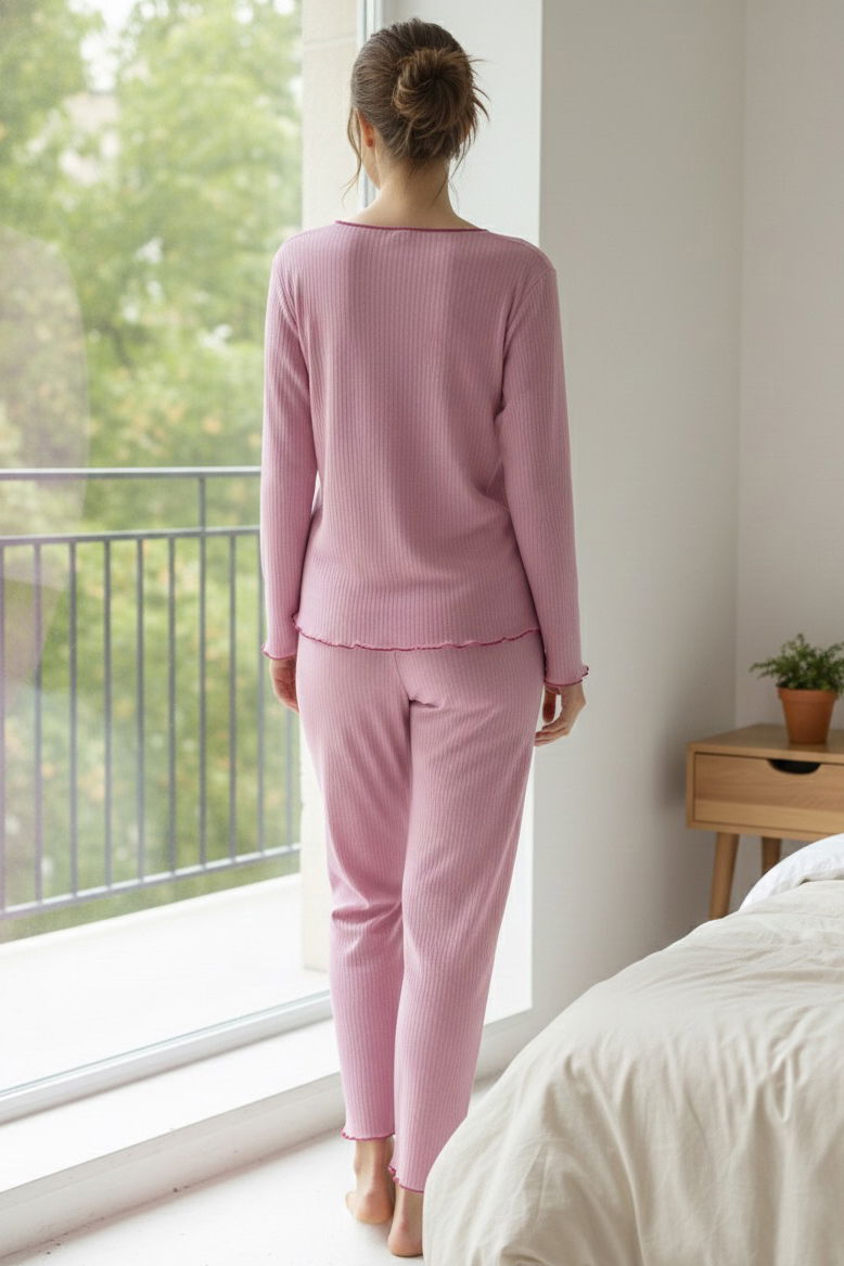 Fitilli Pijama Takımı - 28069-GUL-KURUSU - 2