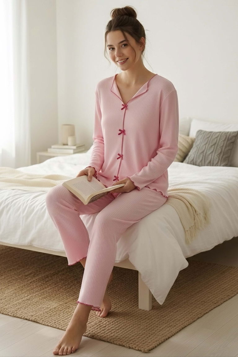Fitilli Pijama Takımı - 28069-PEMBE - TOFİSA