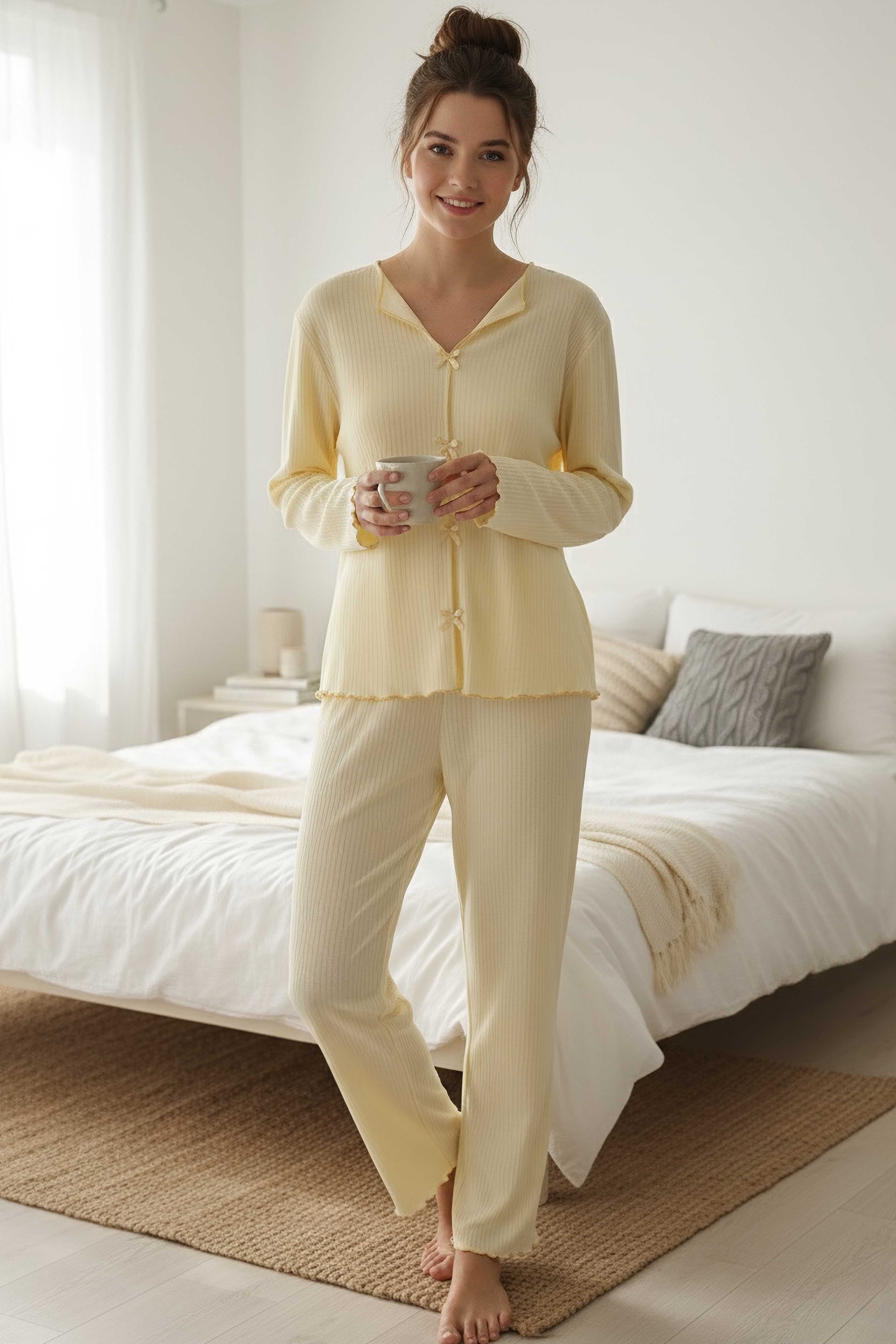 Fitilli Pijama Takımı - 28069-SARI - 1