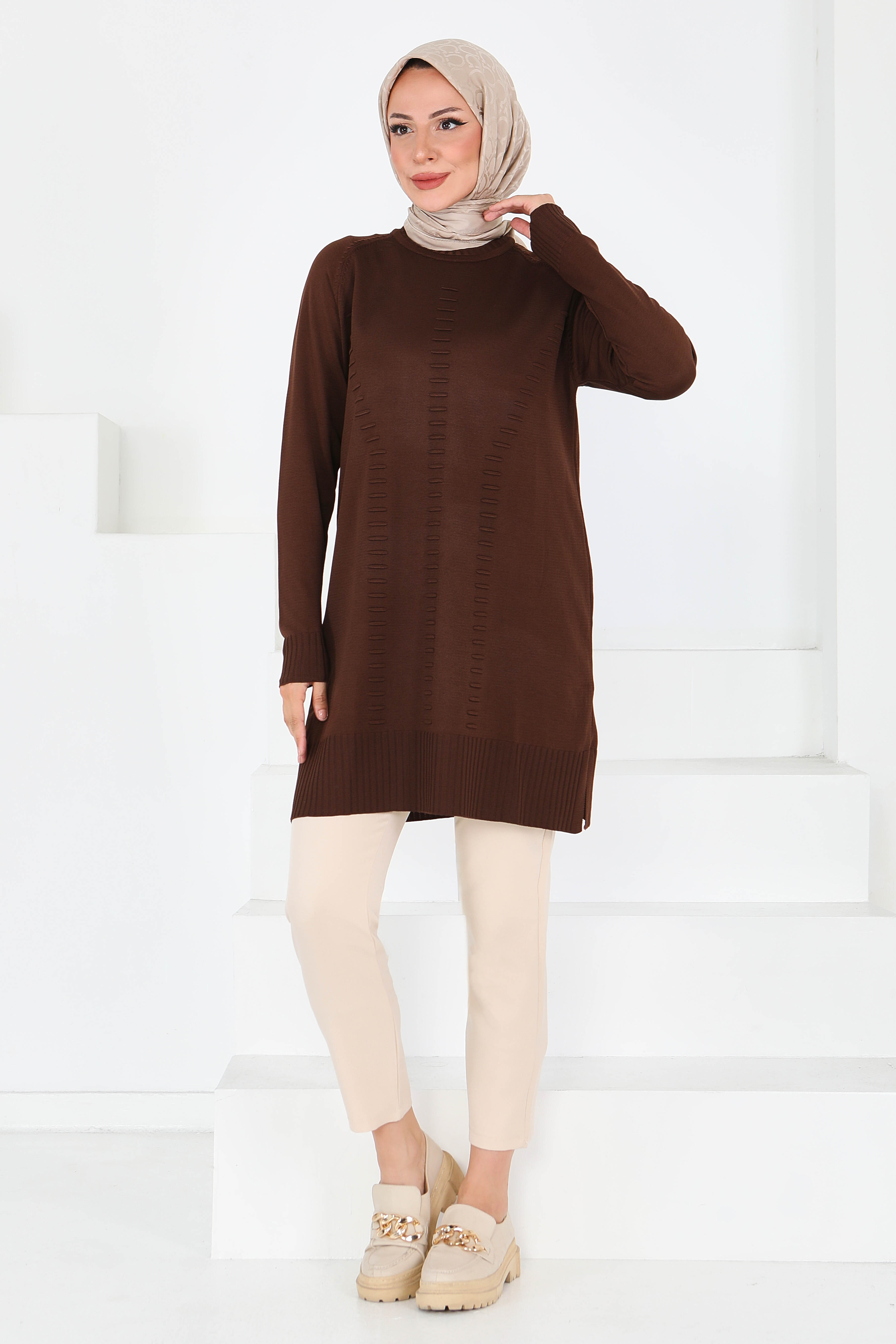 Fitilli Triko Tunik - 27795-KAHVE - 1