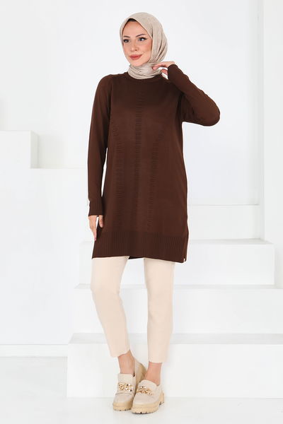 Fitilli Triko Tunik - 27795-KAHVE 