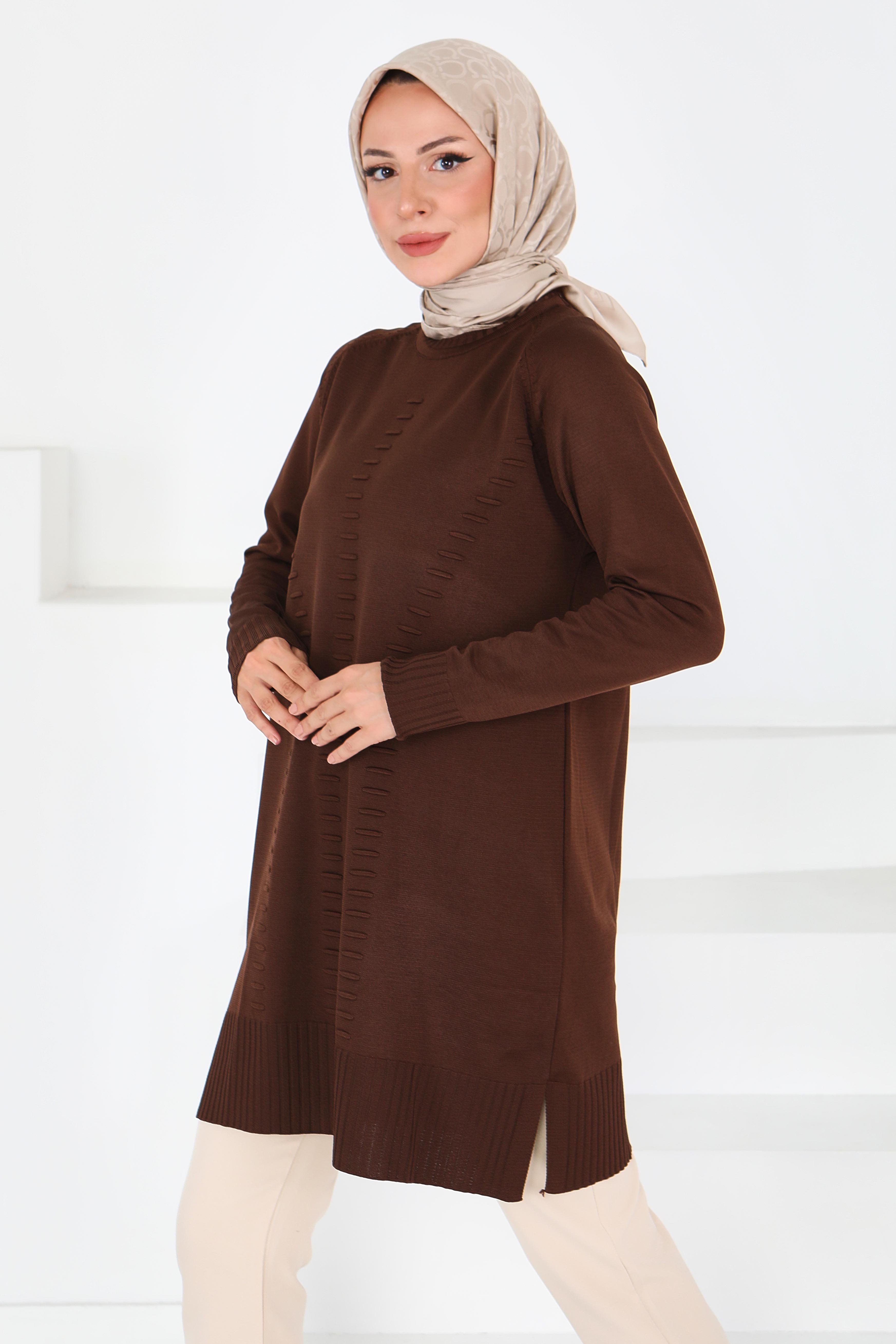 Fitilli Triko Tunik - 27795-KAHVE - 4