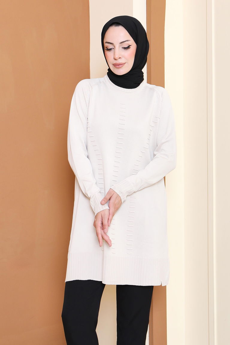 Fitilli Triko Tunik - 27795-KREM - TOFİSA