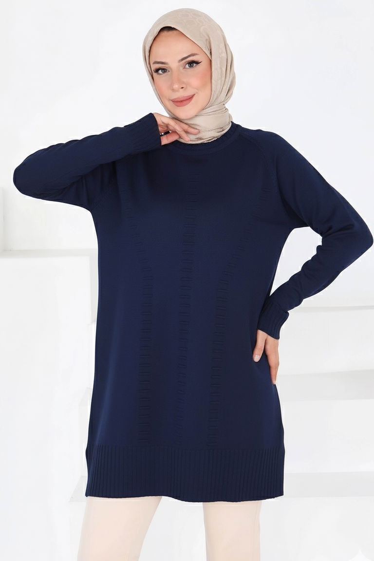 Fitilli Triko Tunik - 27795-LACIVERT - TOFİSA