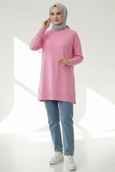 Fitilli Triko Tunik - 27795-PEMBE 
