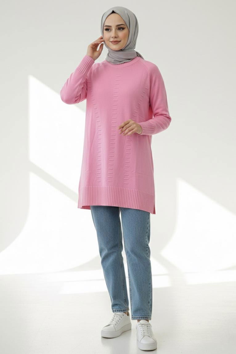 Fitilli Triko Tunik - 27795-PEMBE - TOFİSA