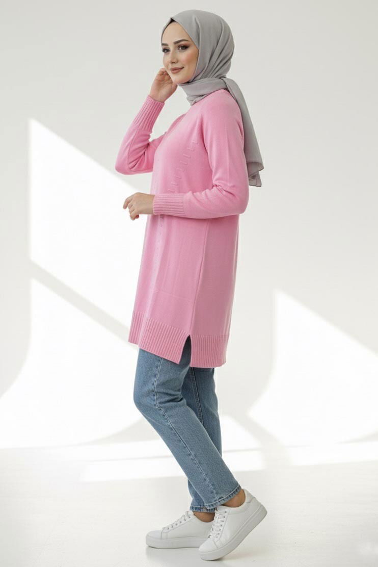 Fitilli Triko Tunik - 27795-PEMBE - TOFİSA