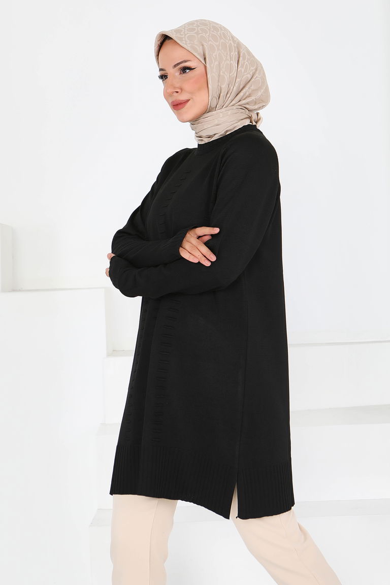 Fitilli Triko Tunik - 27795-SIYAH - TOFİSA