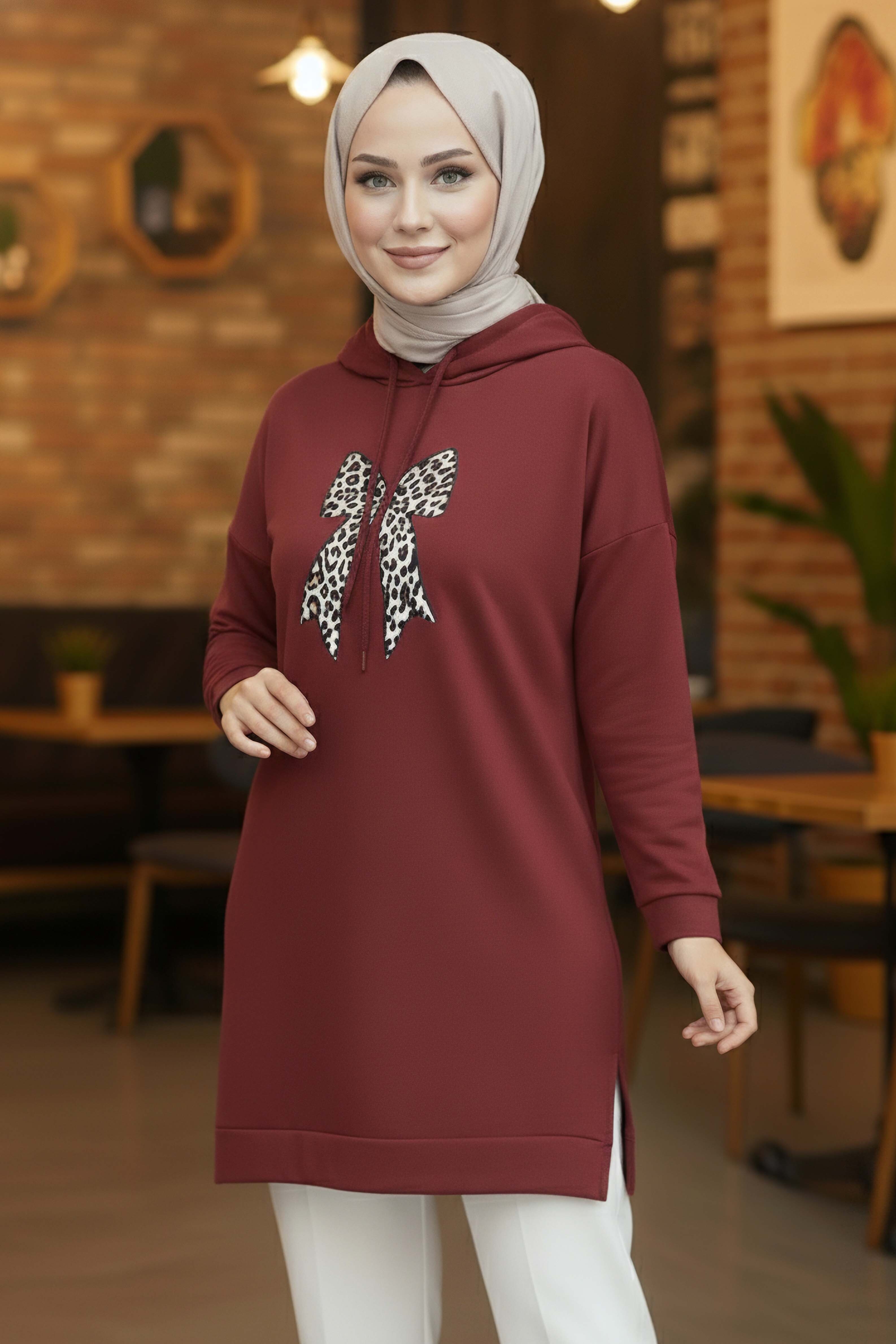 Fiyonk Baskılı İki İplik Tunik - 2072-BORDO - 1