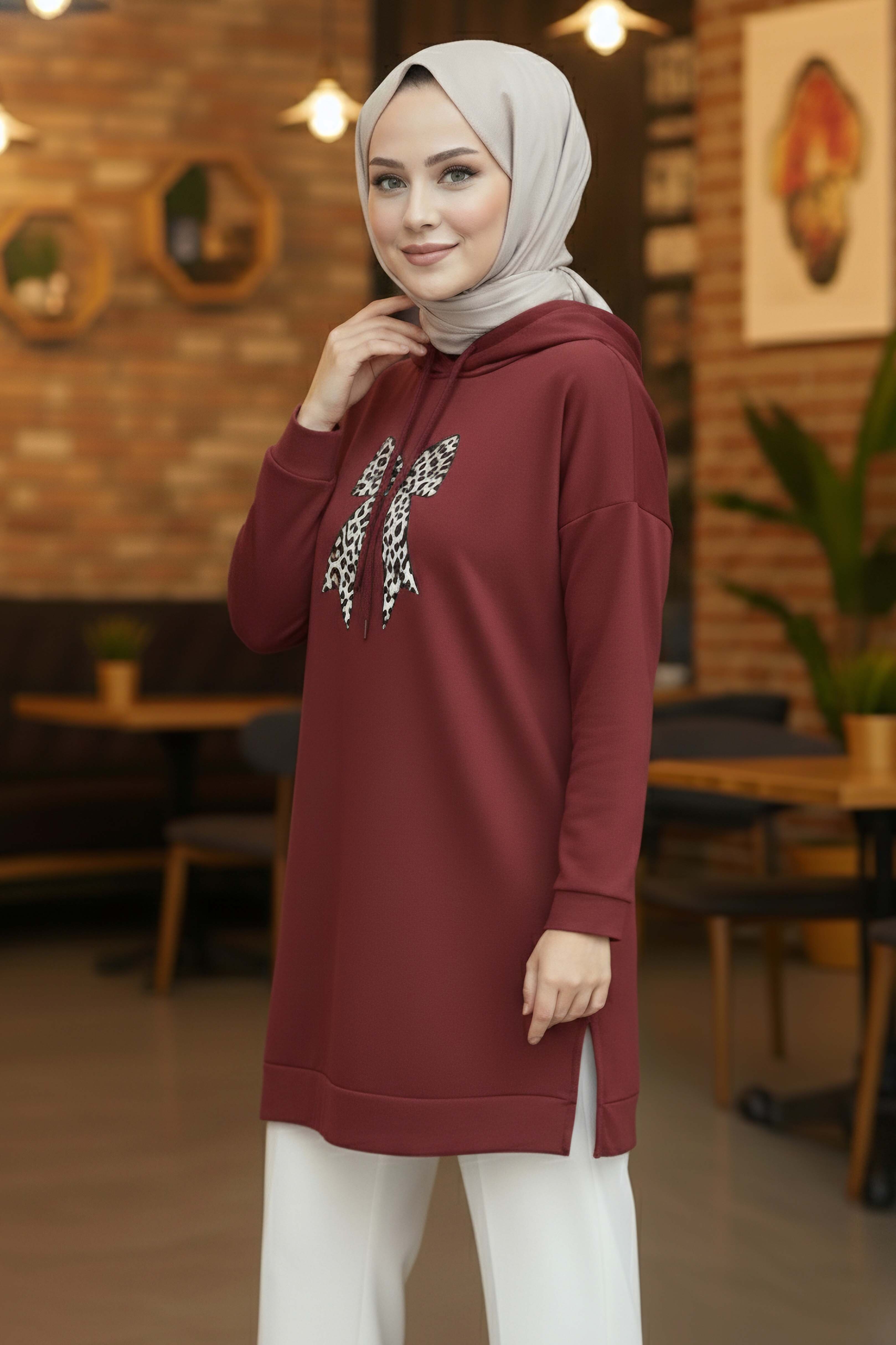 Fiyonk Baskılı İki İplik Tunik - 2072-BORDO - 2