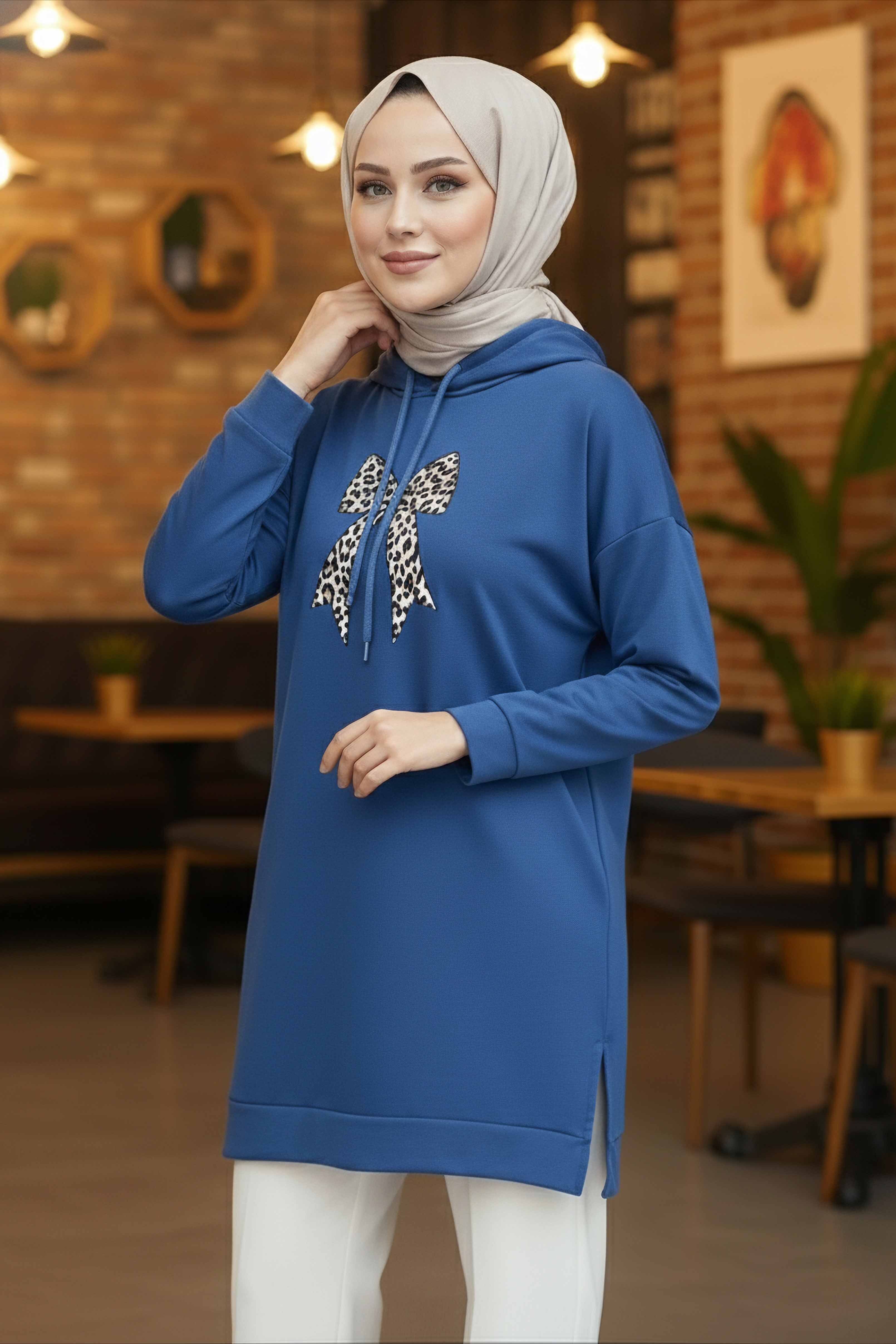 Fiyonk Baskılı İki İplik Tunik - 2072-INDIGO - 1