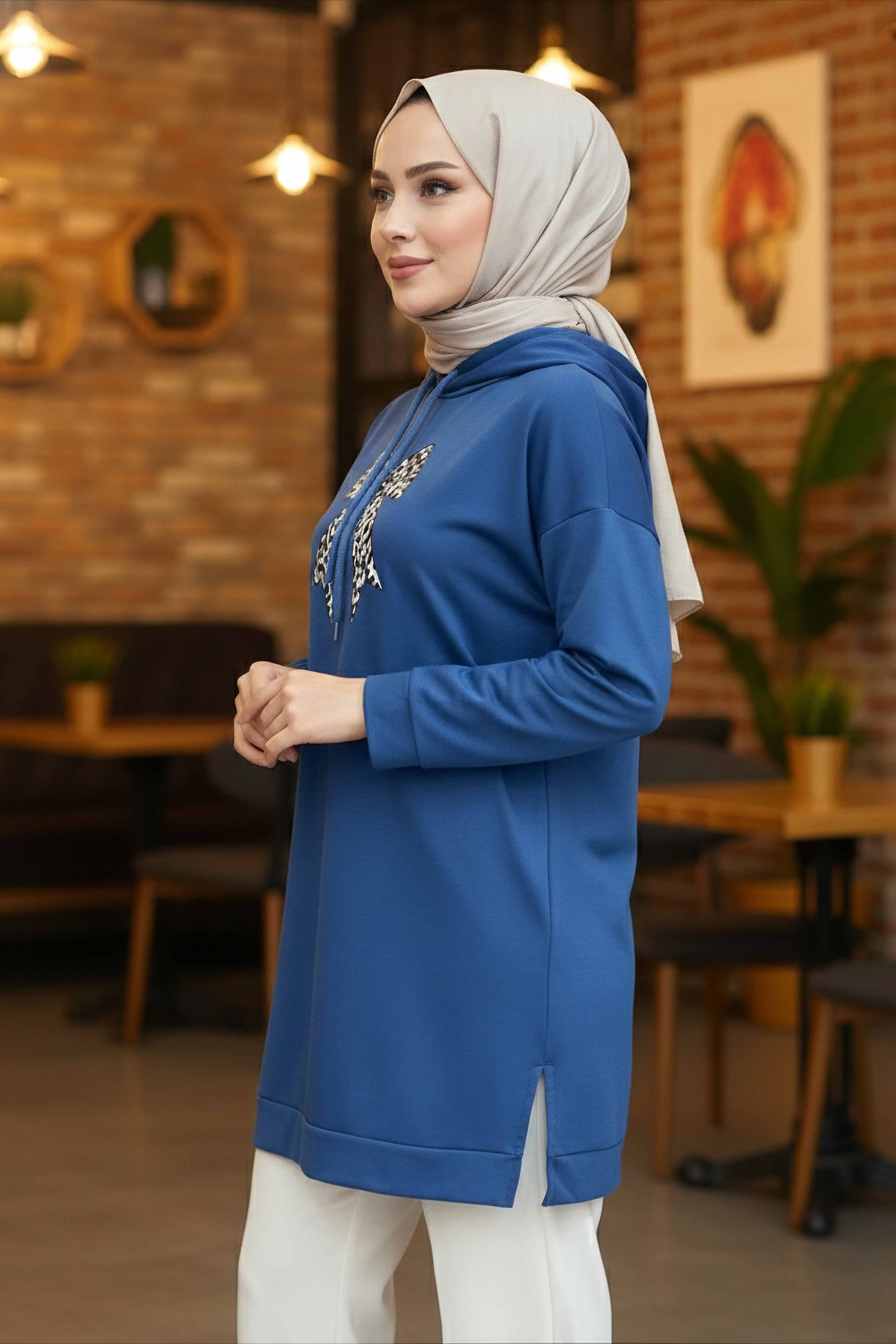 Fiyonk Baskılı İki İplik Tunik - 2072-INDIGO - 2