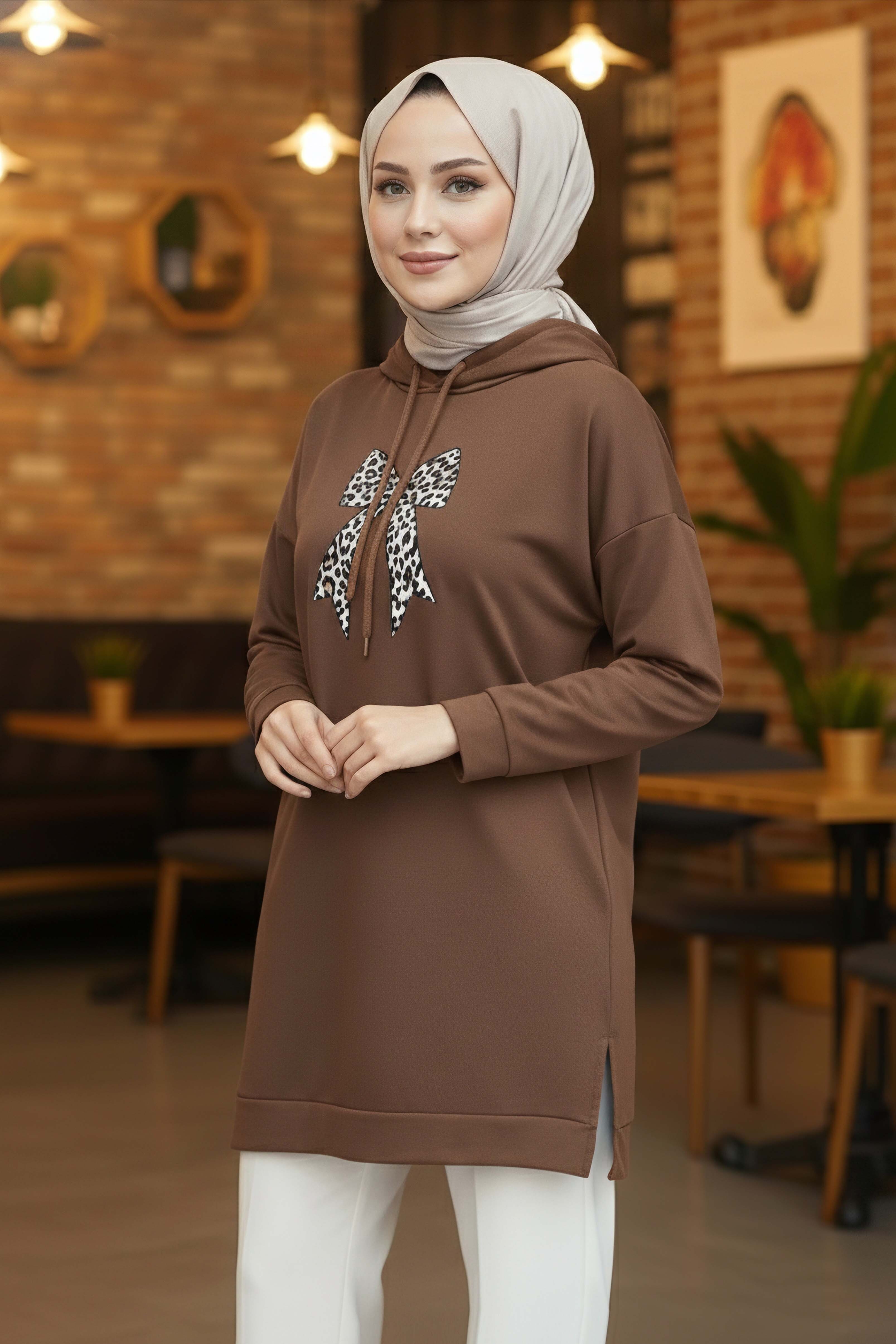 Fiyonk Baskılı İki İplik Tunik - 2072-KAHVE - 1