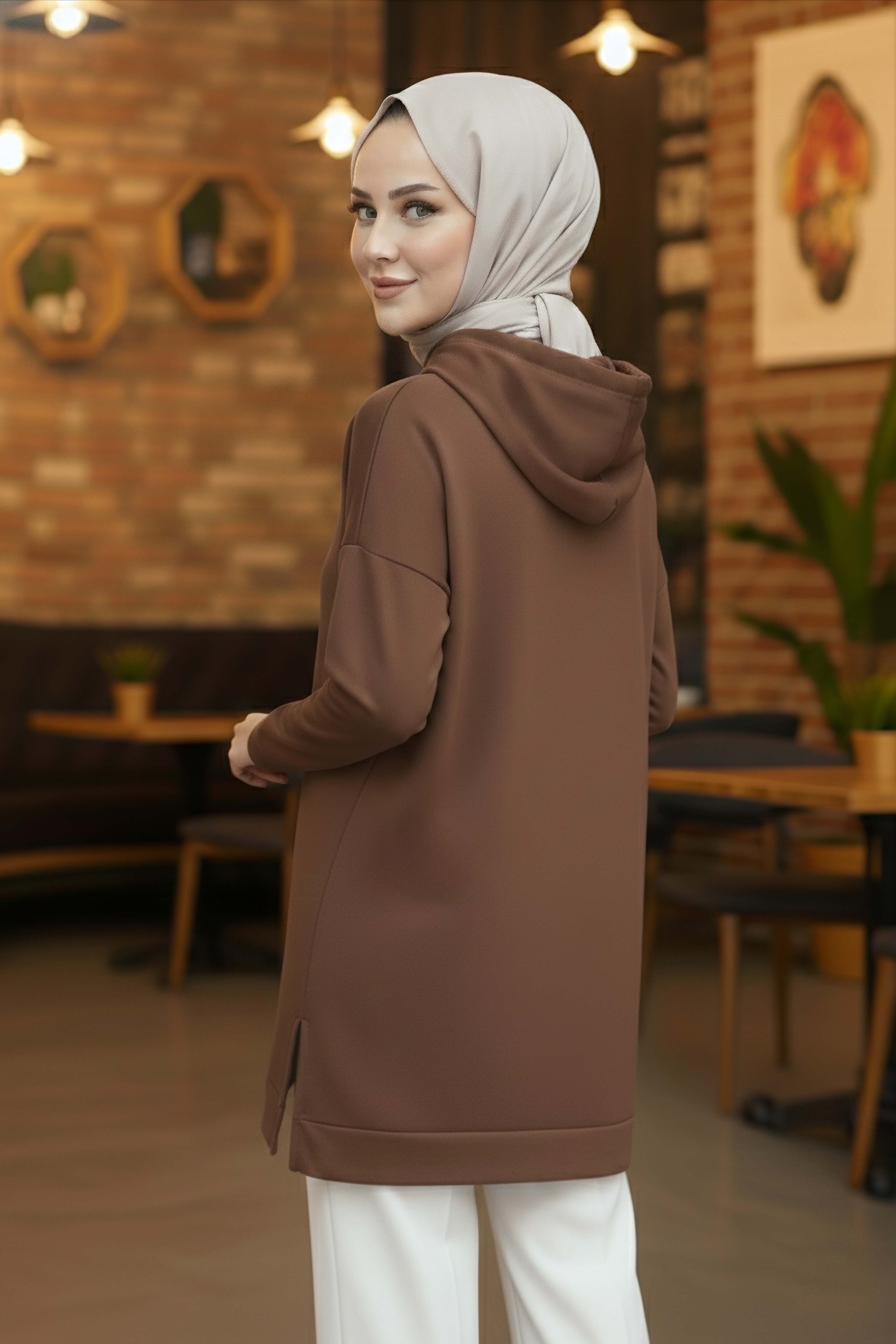 Fiyonk Baskılı İki İplik Tunik - 2072-KAHVE - 3