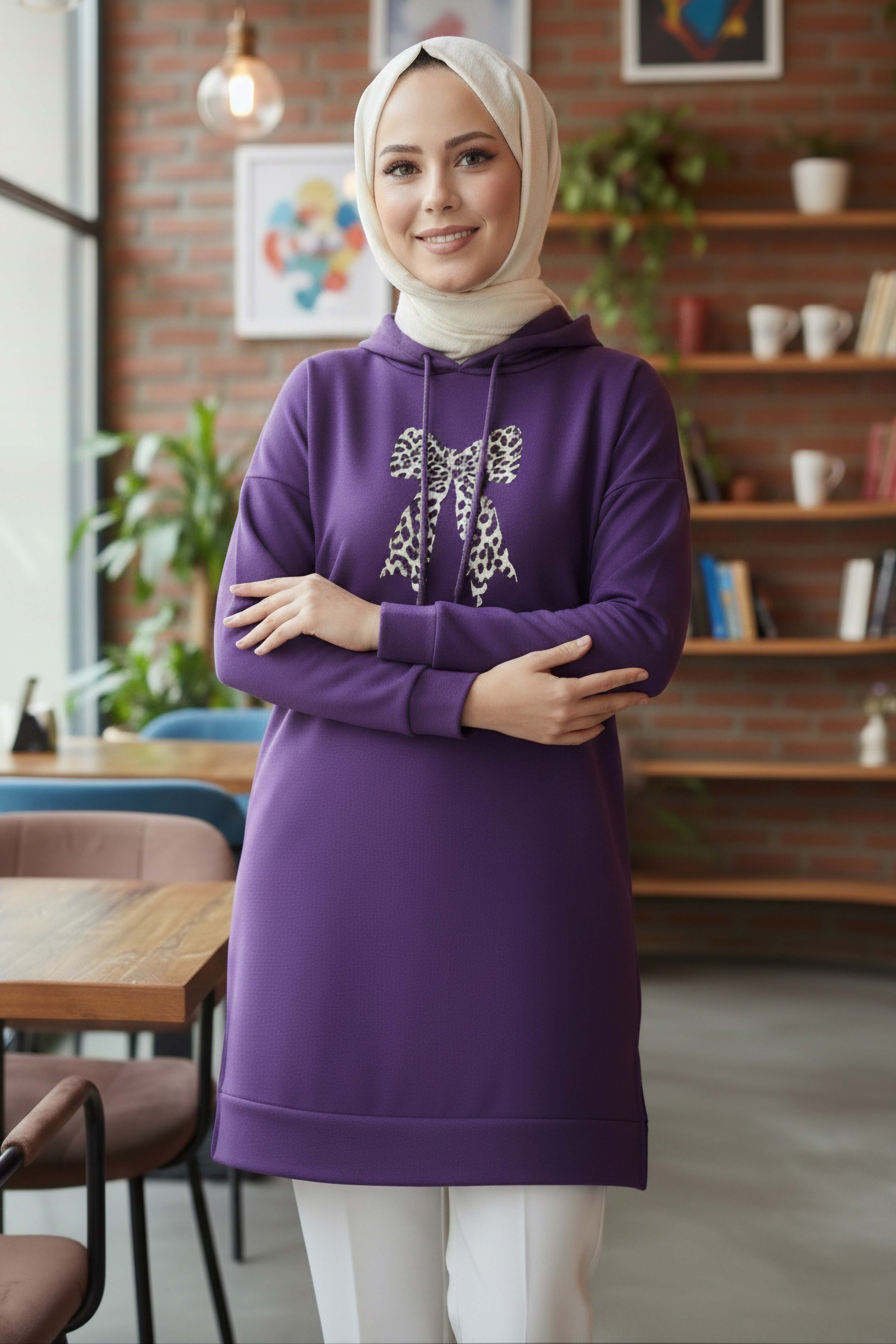 Fiyonk Baskılı İki İplik Tunik - 2072-MOR - 1