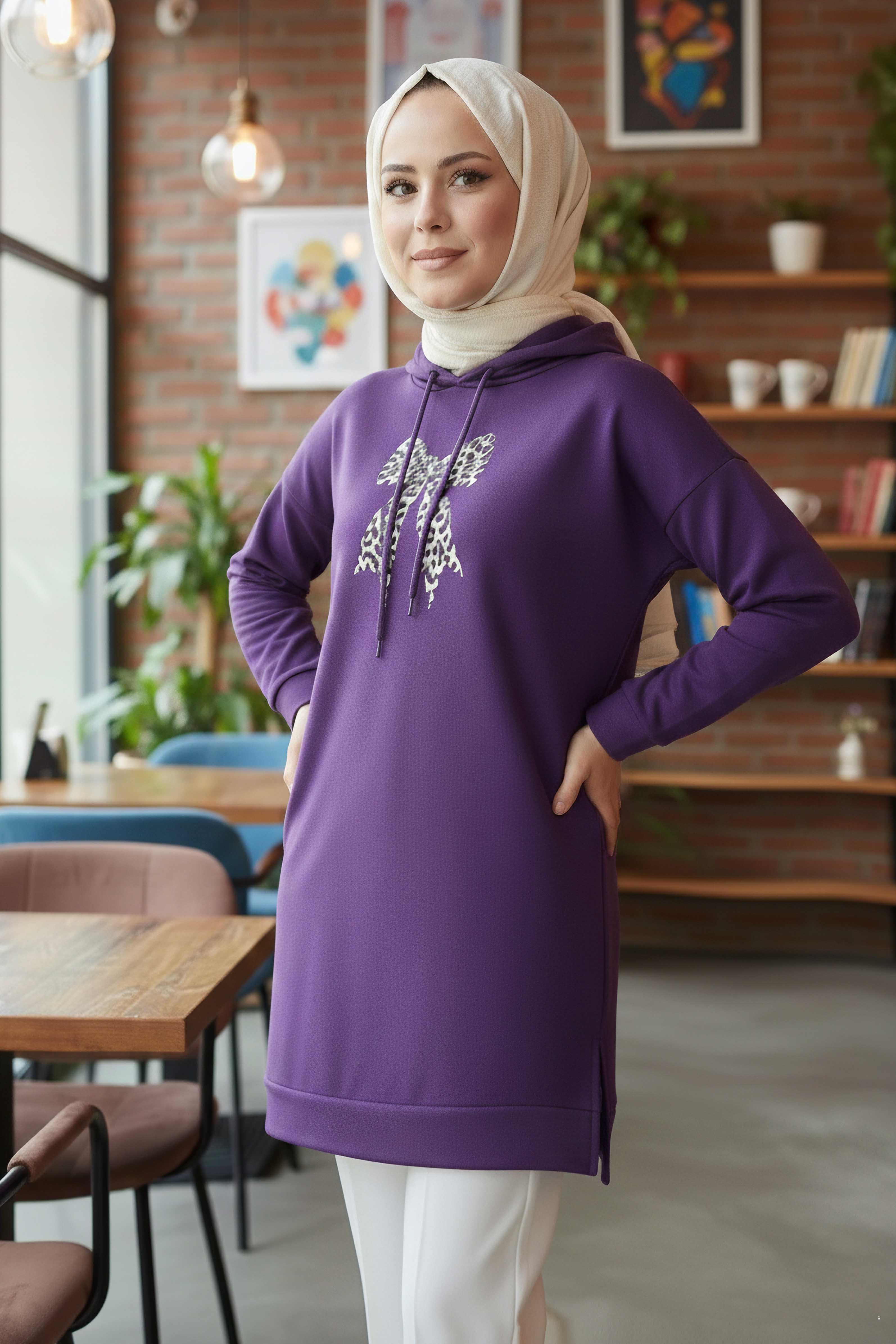 Fiyonk Baskılı İki İplik Tunik - 2072-MOR - 2