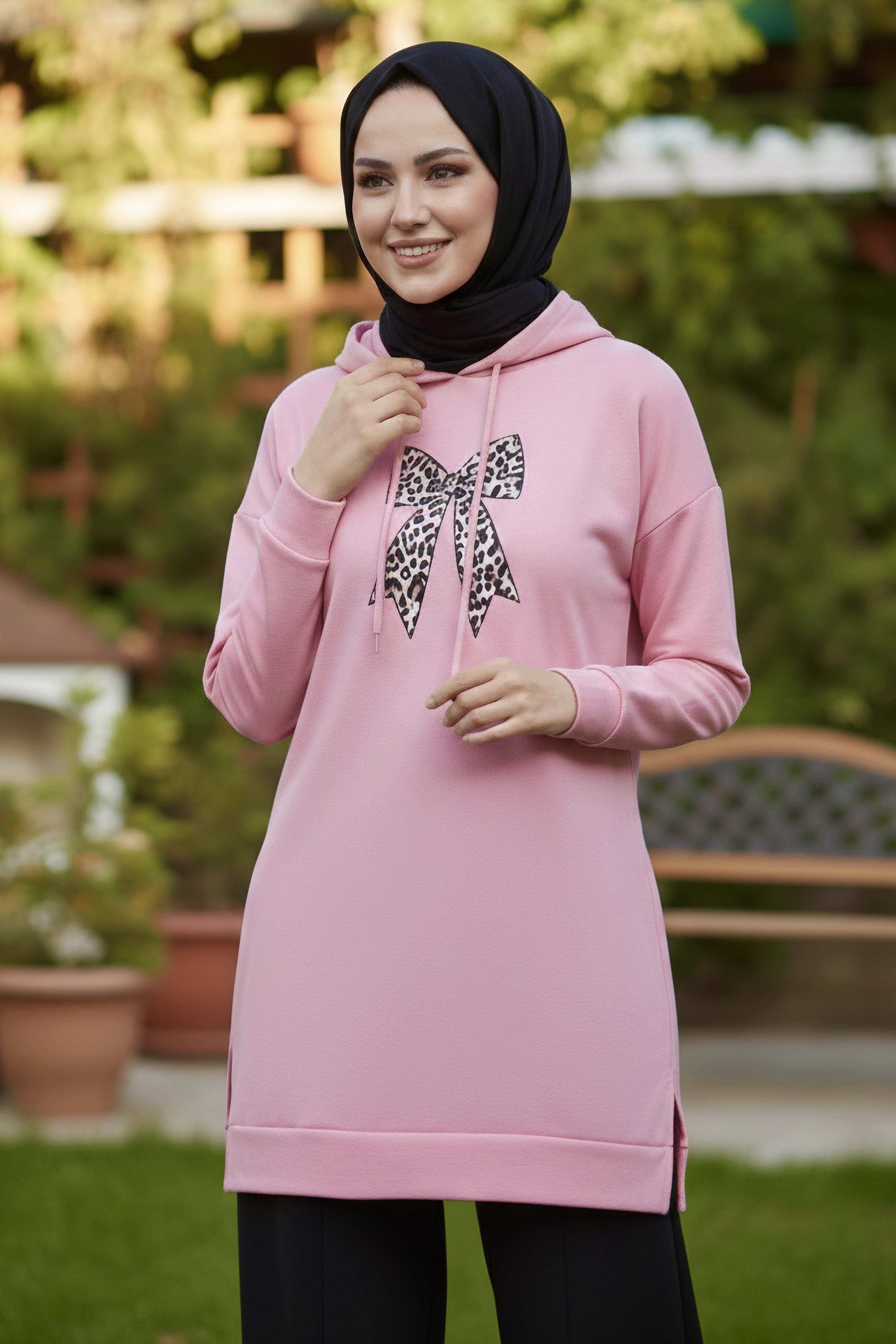 Fiyonk Baskılı İki İplik Tunik - 2072-PEMBE - 1