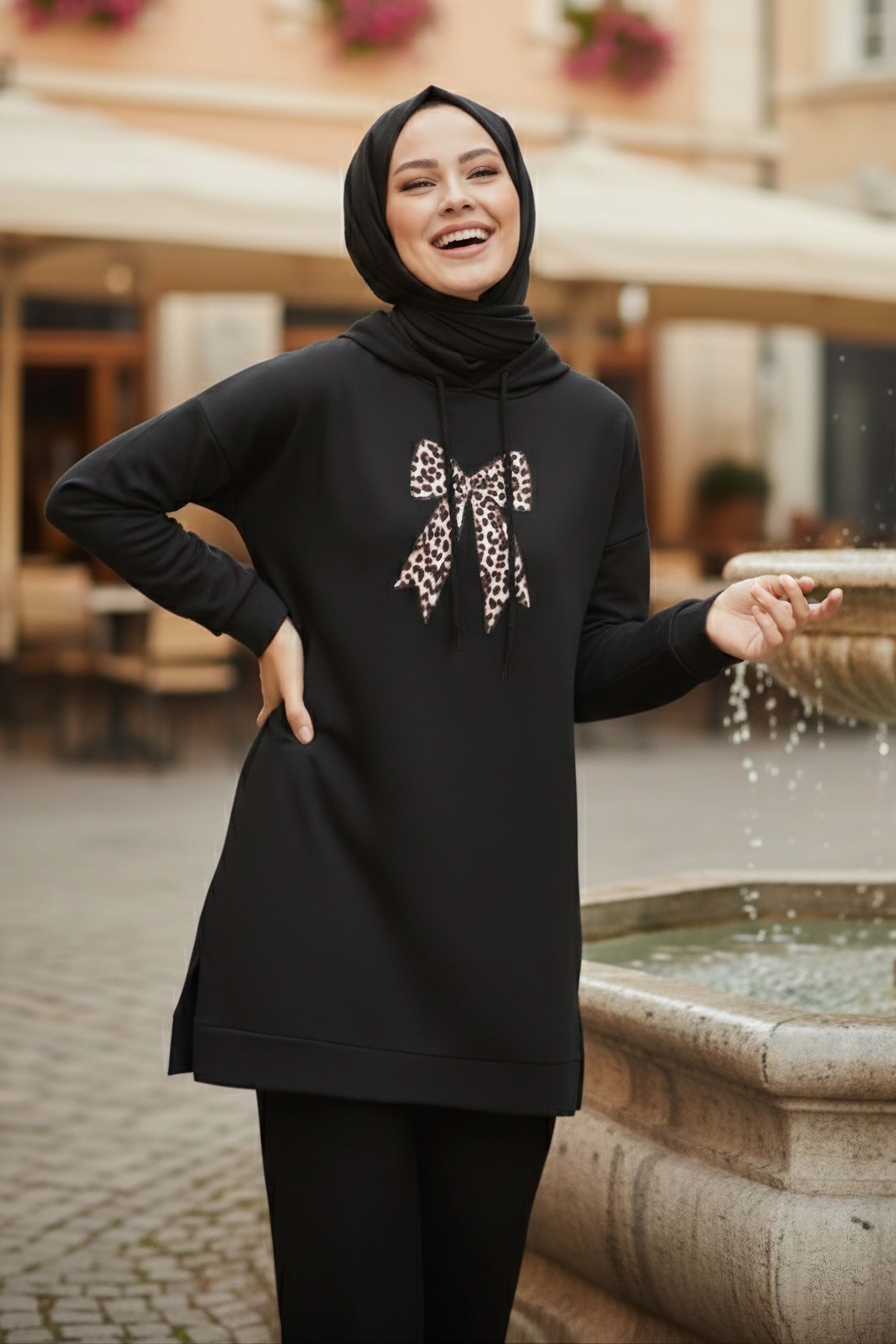 Fiyonk Baskılı İki İplik Tunik - 2072-SIYAH - 1