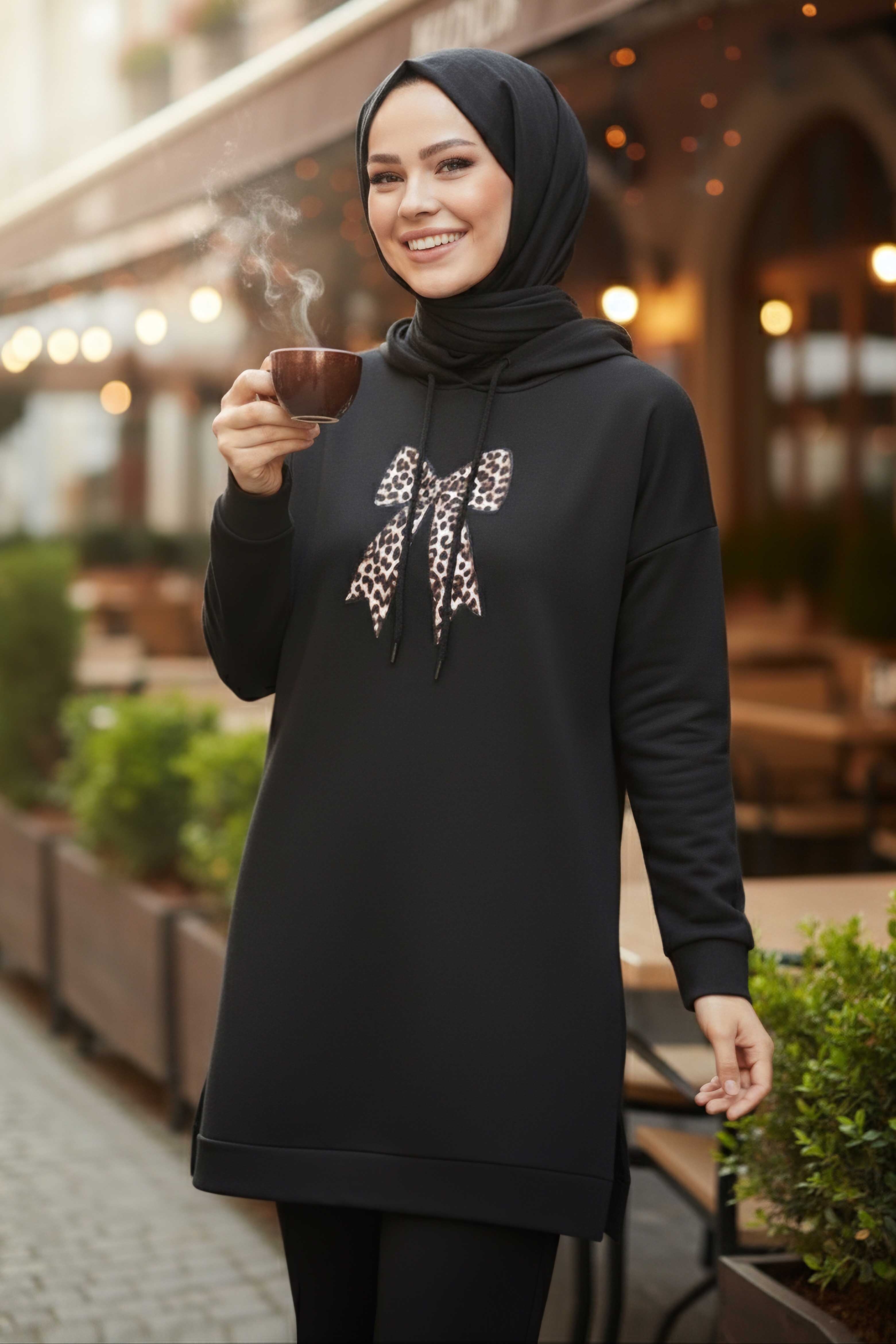 Fiyonk Baskılı İki İplik Tunik - 2072-SIYAH - 3