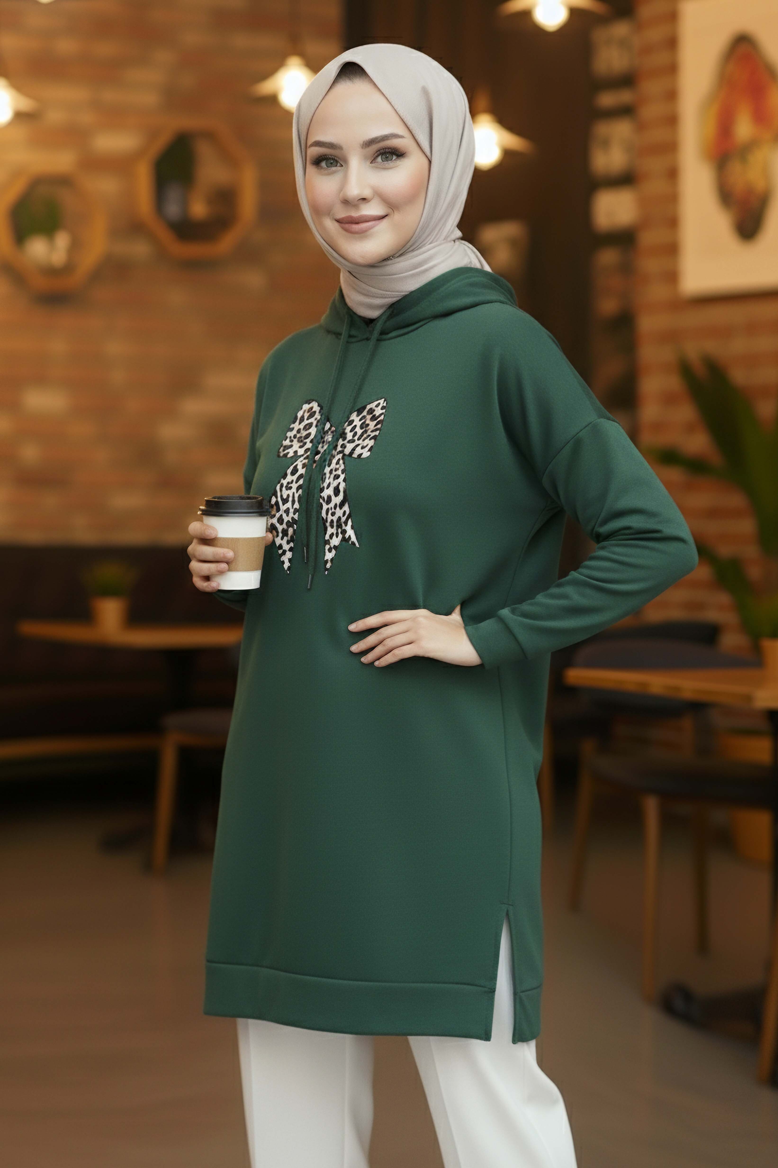 Fiyonk Baskılı İki İplik Tunik - 2072-ZUMRUT - 1