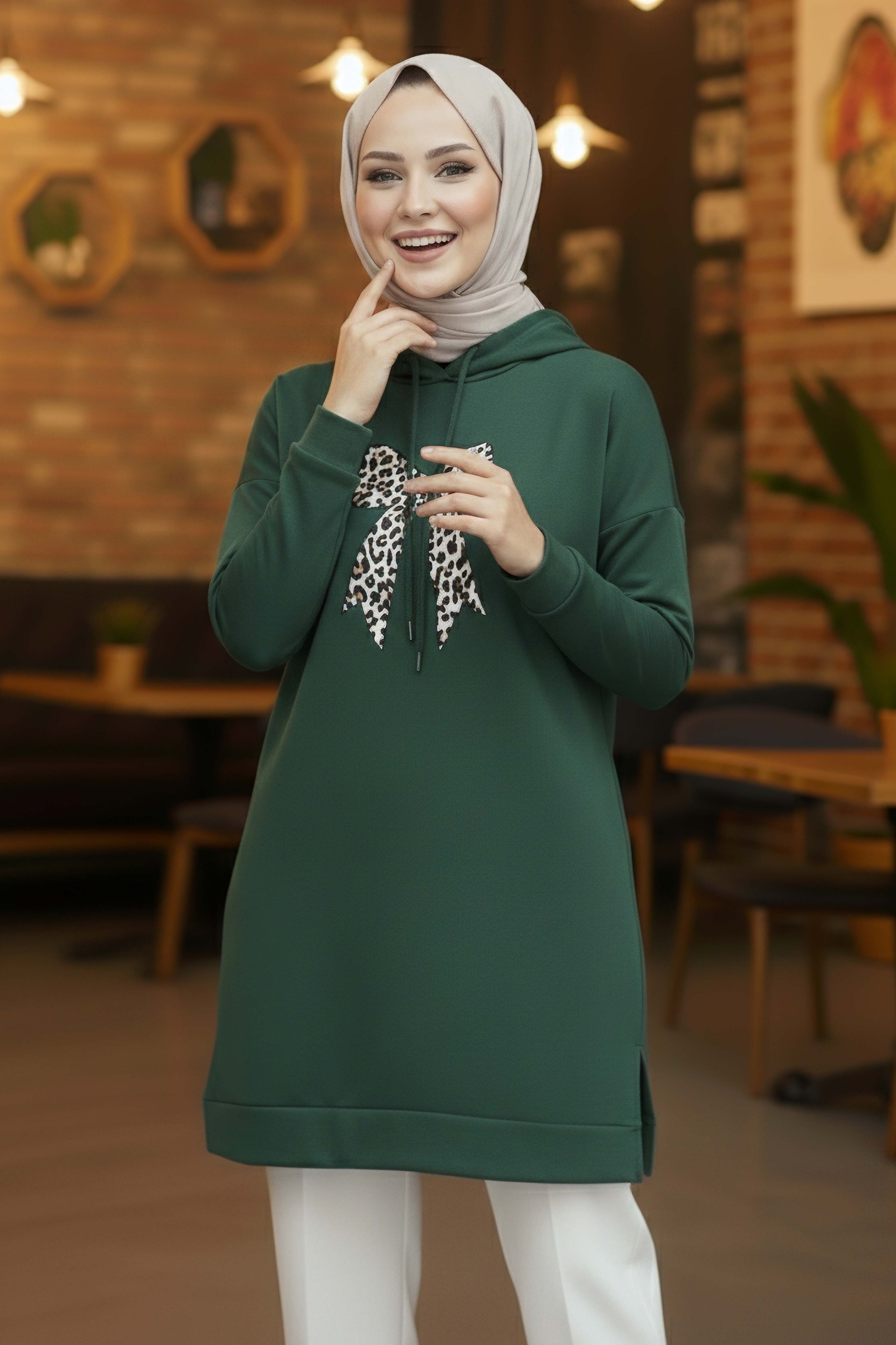 Fiyonk Baskılı İki İplik Tunik - 2072-ZUMRUT - 2