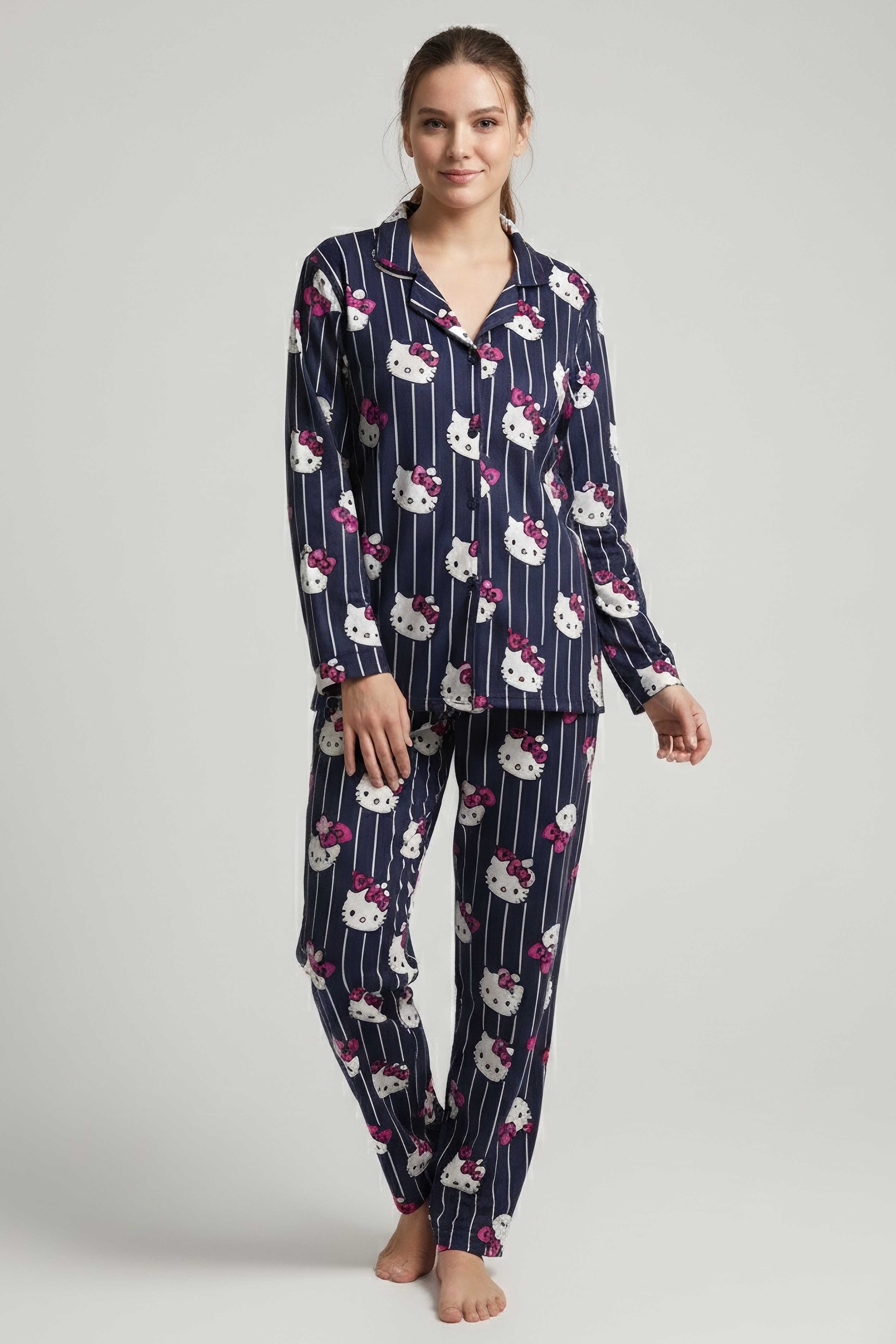 Fiyonk Baskılı Pijama Takımı - 27942-LACIVERT - 1