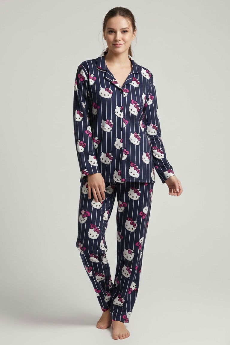 Fiyonk Baskılı Pijama Takımı - 27942-LACIVERT - TOFİSA