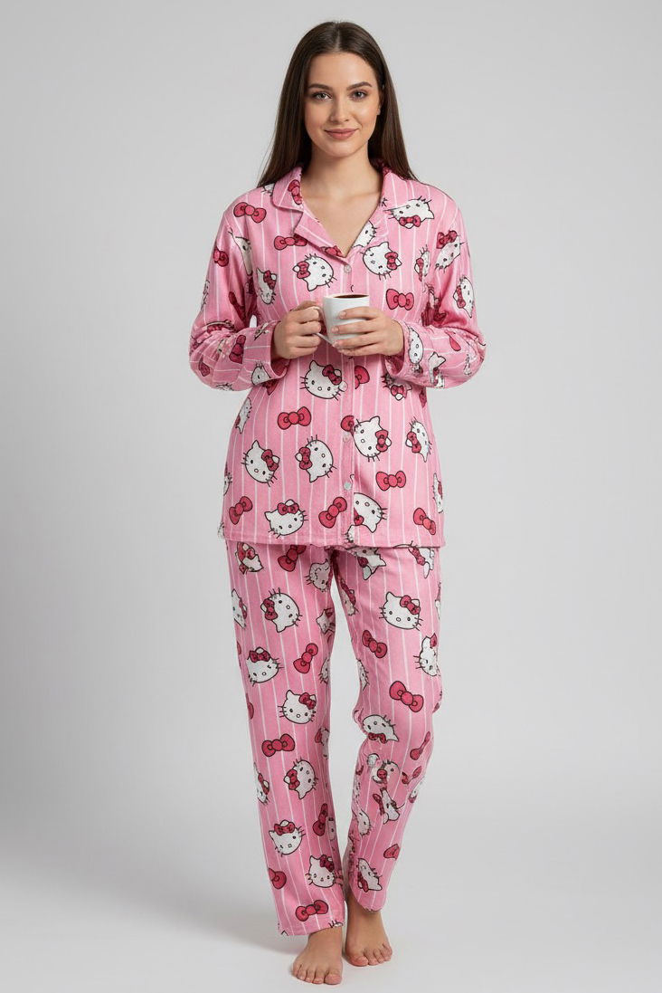 Fiyonk Baskılı Pijama Takımı - 27942-PEMBE - TOFİSA