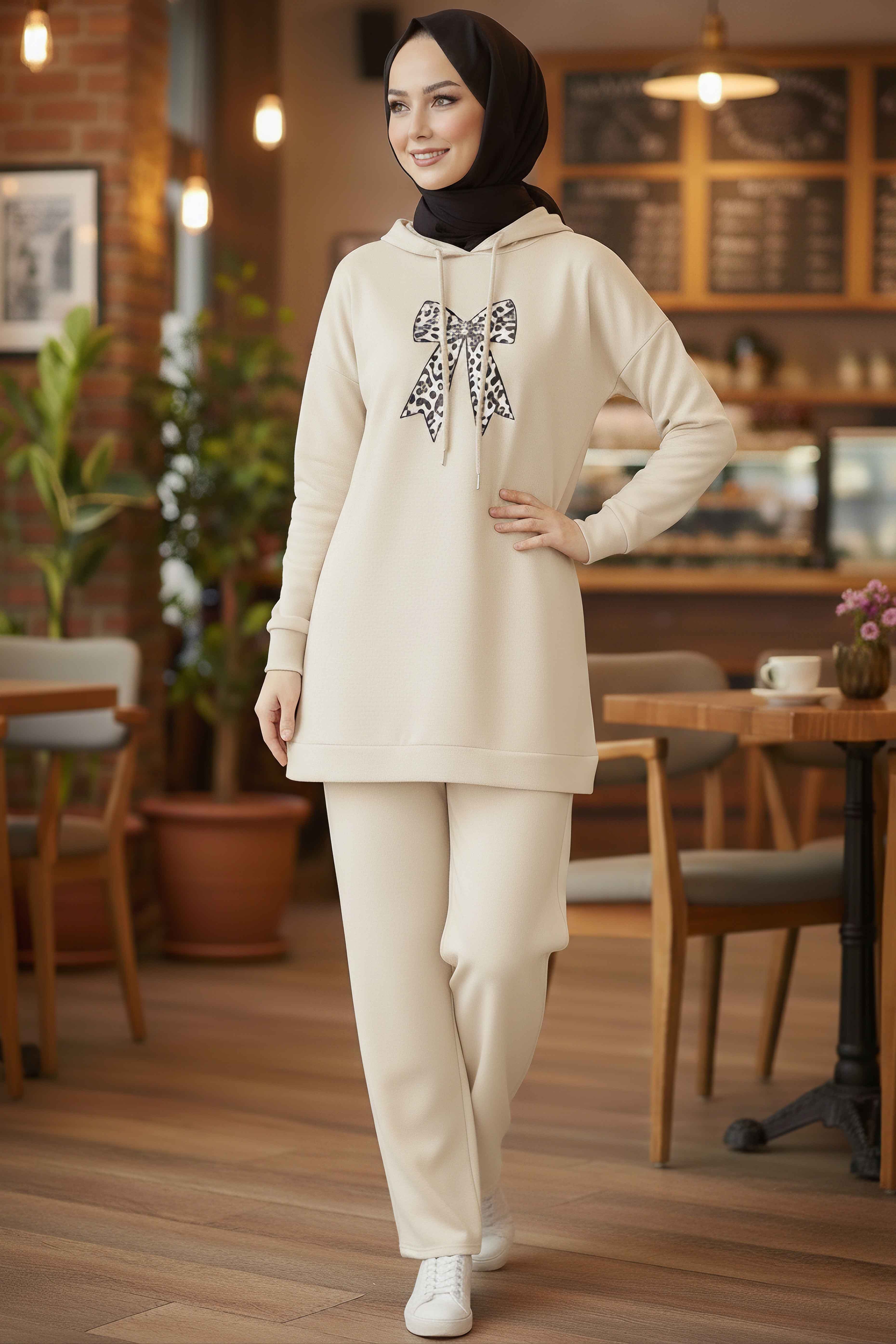 Fiyonk Detaylı İki İplik İkiili Takım - 2066-KREM - 1