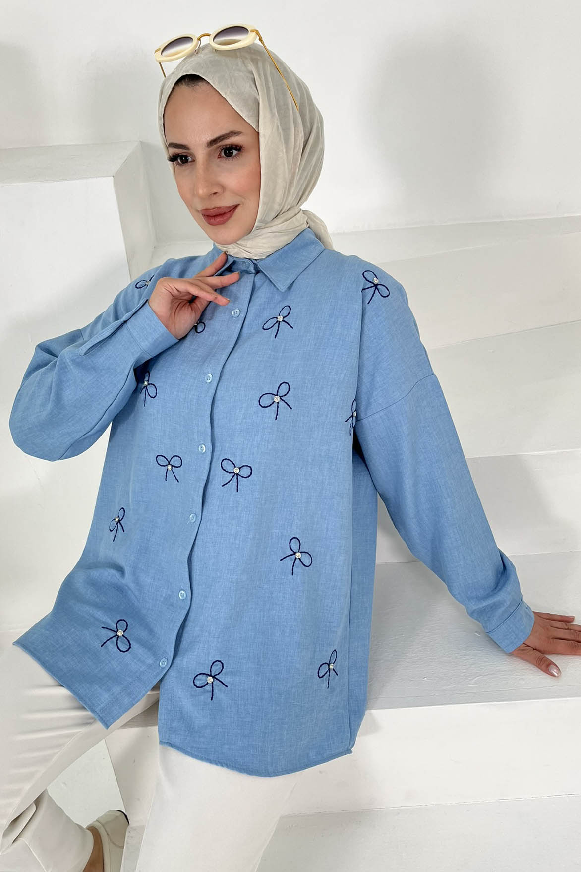 Fiyonk Nakışlı Tunik Mavi - 27035 - 1