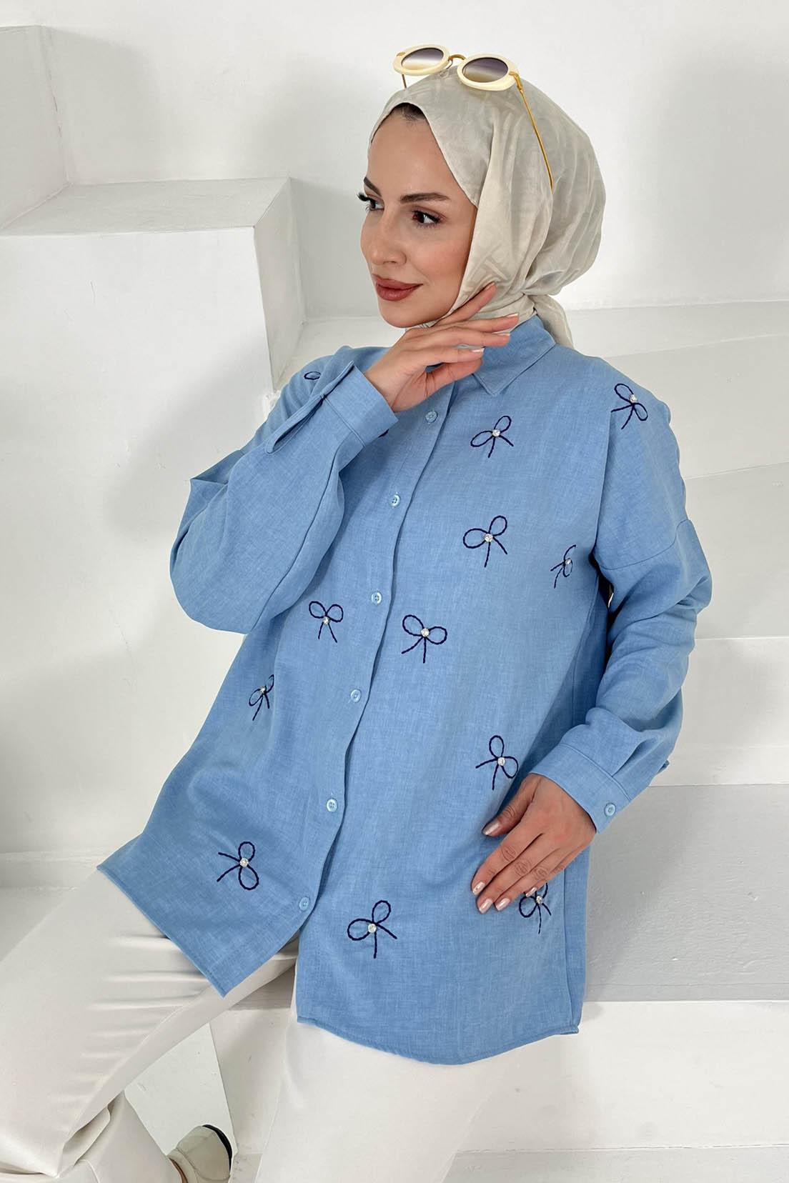 Fiyonk Nakışlı Tunik Mavi - 27035 - 3