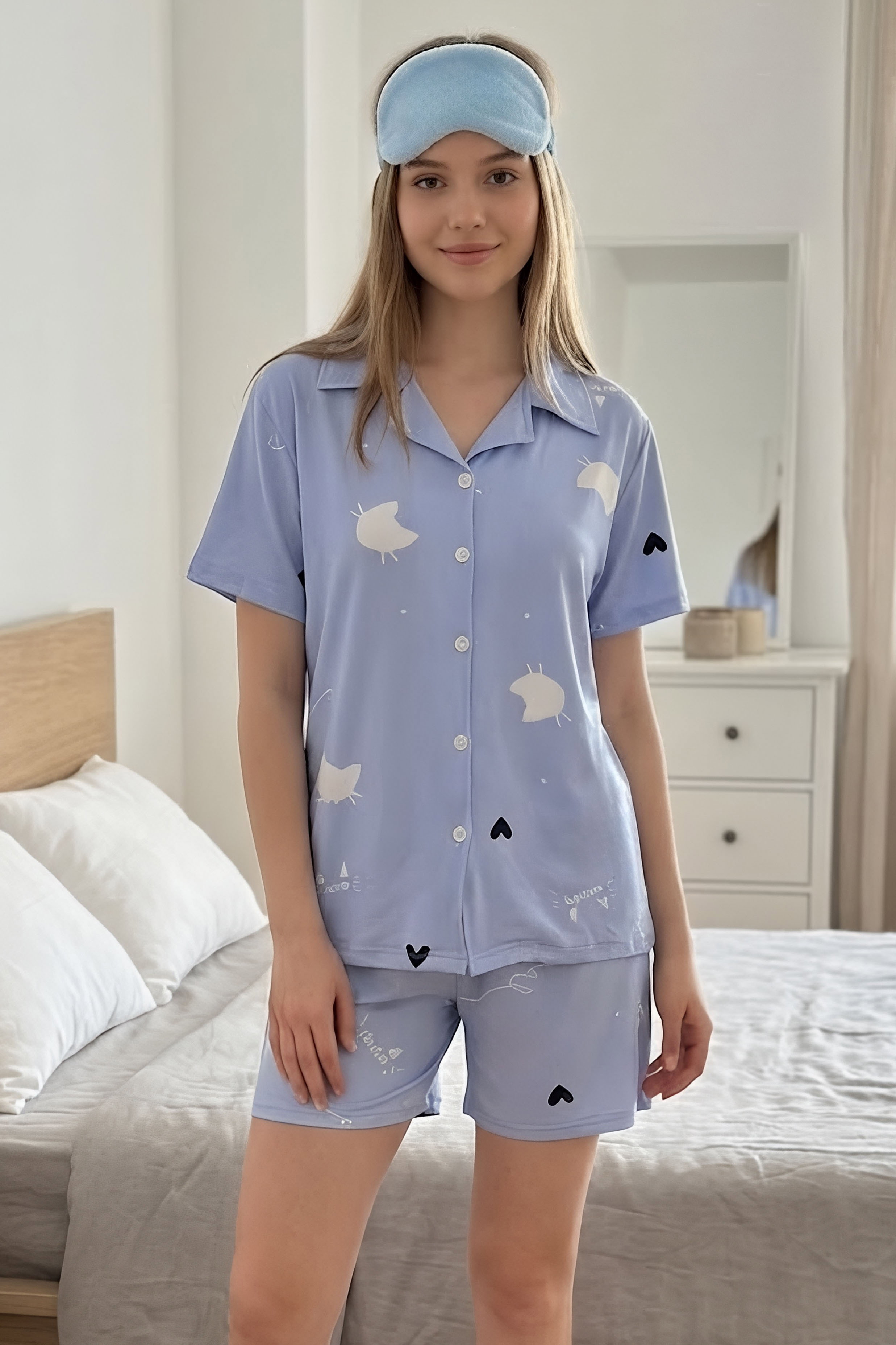 Fiyonklu Baskılı Şortlu Takım Bebe Mavi - 28745-BEBE-MAVI - 2