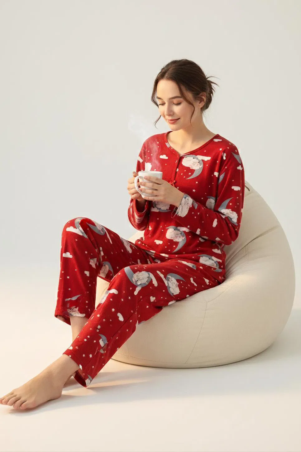 Fiyonklu Desenli Süet Pijama Takımı - 28160-KIRMIZI - 1