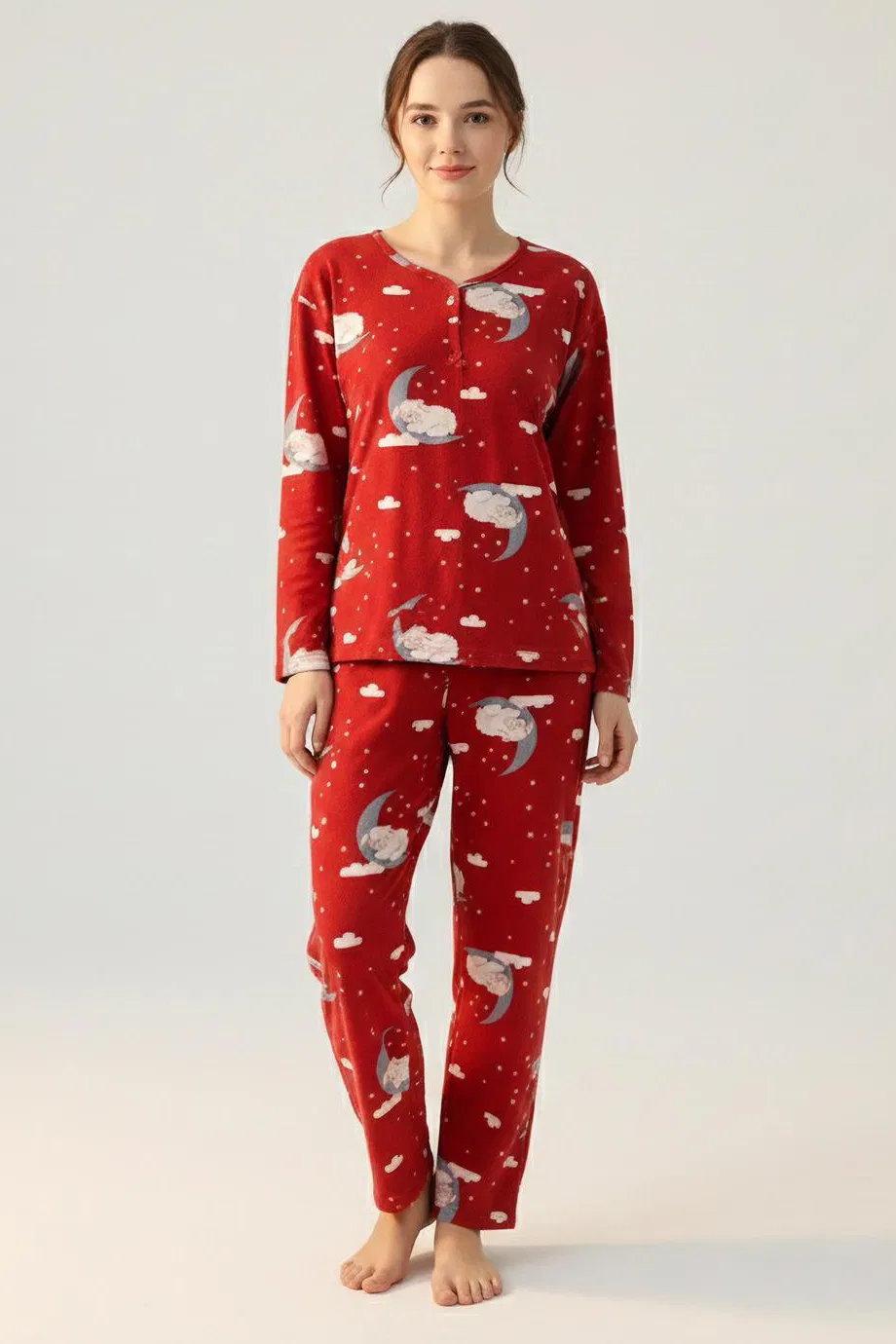 Fiyonklu Desenli Süet Pijama Takımı - 28160-KIRMIZI - 2