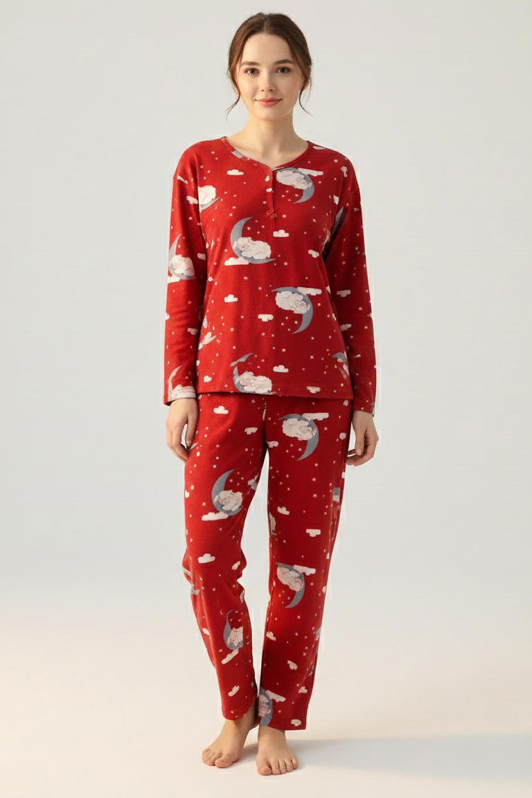 Fiyonklu Desenli Süet Pijama Takımı - 28160-KIRMIZI - TOFİSA