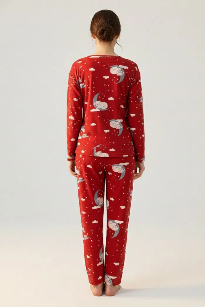 Fiyonklu Desenli Süet Pijama Takımı - 28160-KIRMIZI - 3