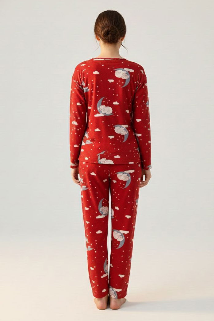 Fiyonklu Desenli Süet Pijama Takımı - 28160-KIRMIZI - TOFİSA