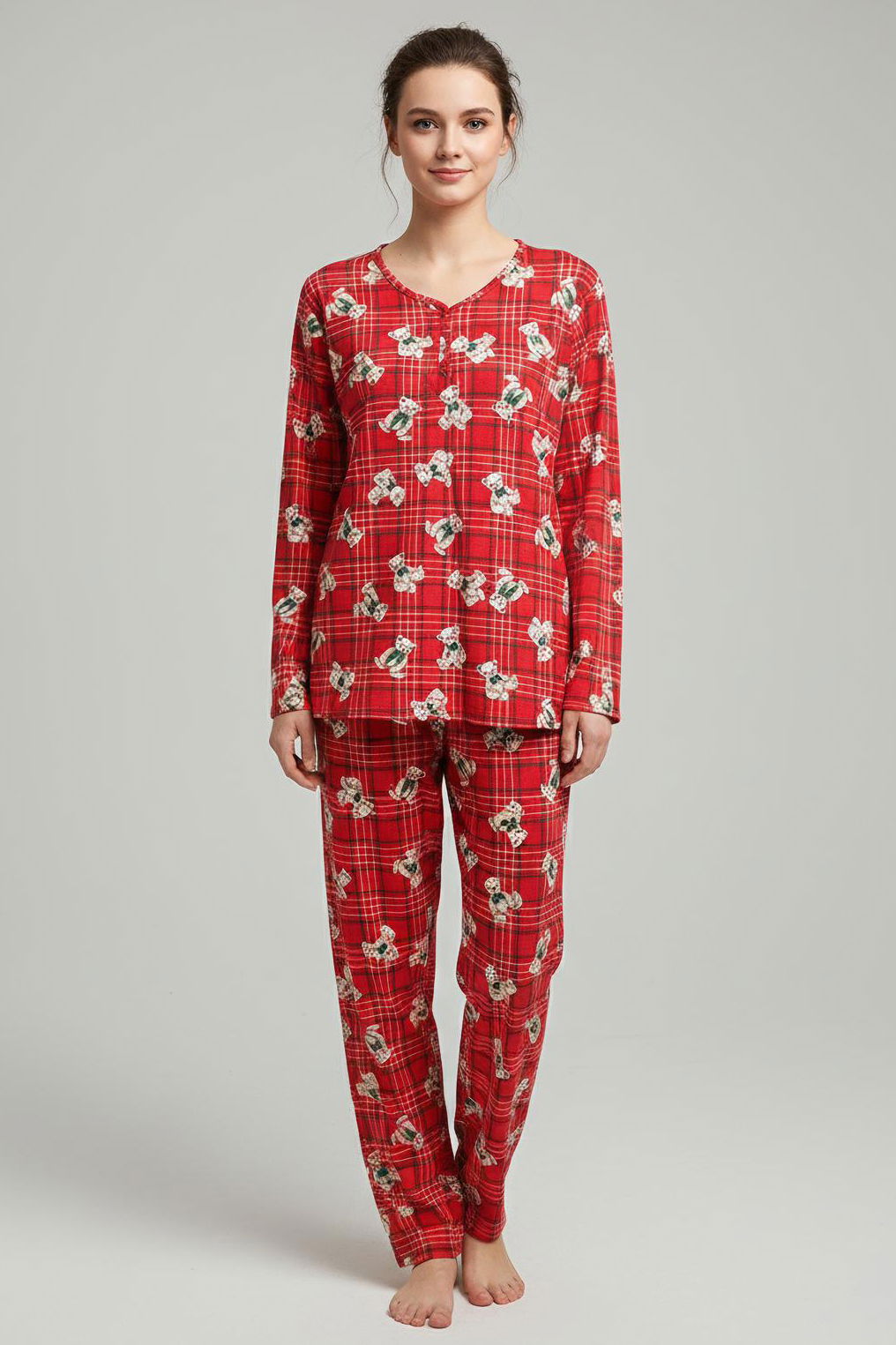 Fiyonklu Desenli Süet Pijama Takımı - 28161-KIRMIZI - 1