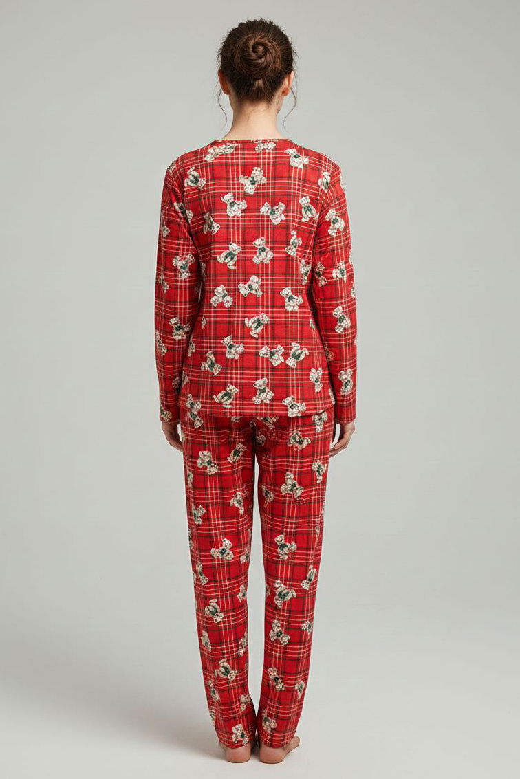 Fiyonklu Desenli Süet Pijama Takımı - 28161-KIRMIZI - TOFİSA