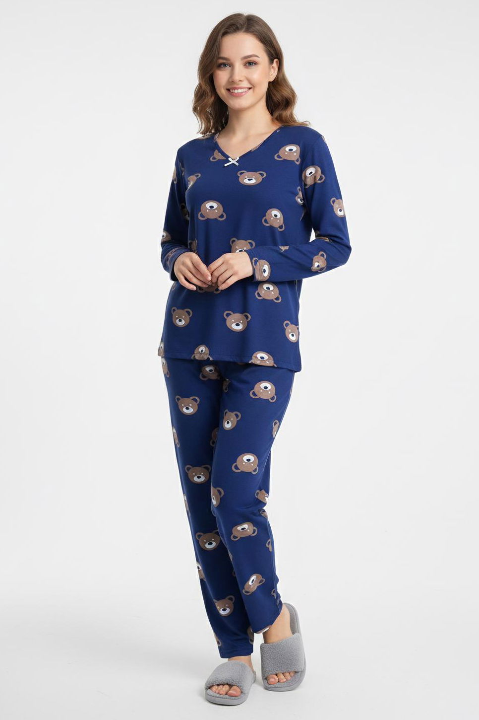 Fiyonklu Desenli Süet Pijama Takımı - 28162-LACIVERT - 1