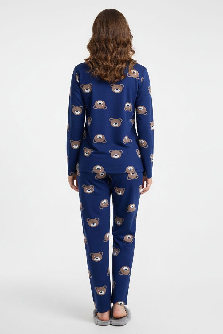 Fiyonklu Desenli Süet Pijama Takımı - 28162-LACIVERT - TOFİSA